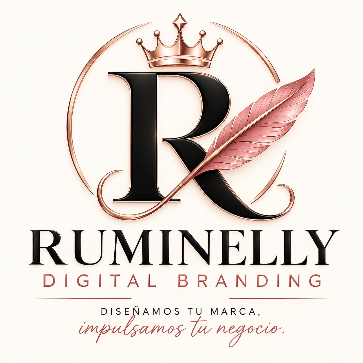 Logo with a large letter R, a crown, a feather, and text for Ruminelly Digital Branding.