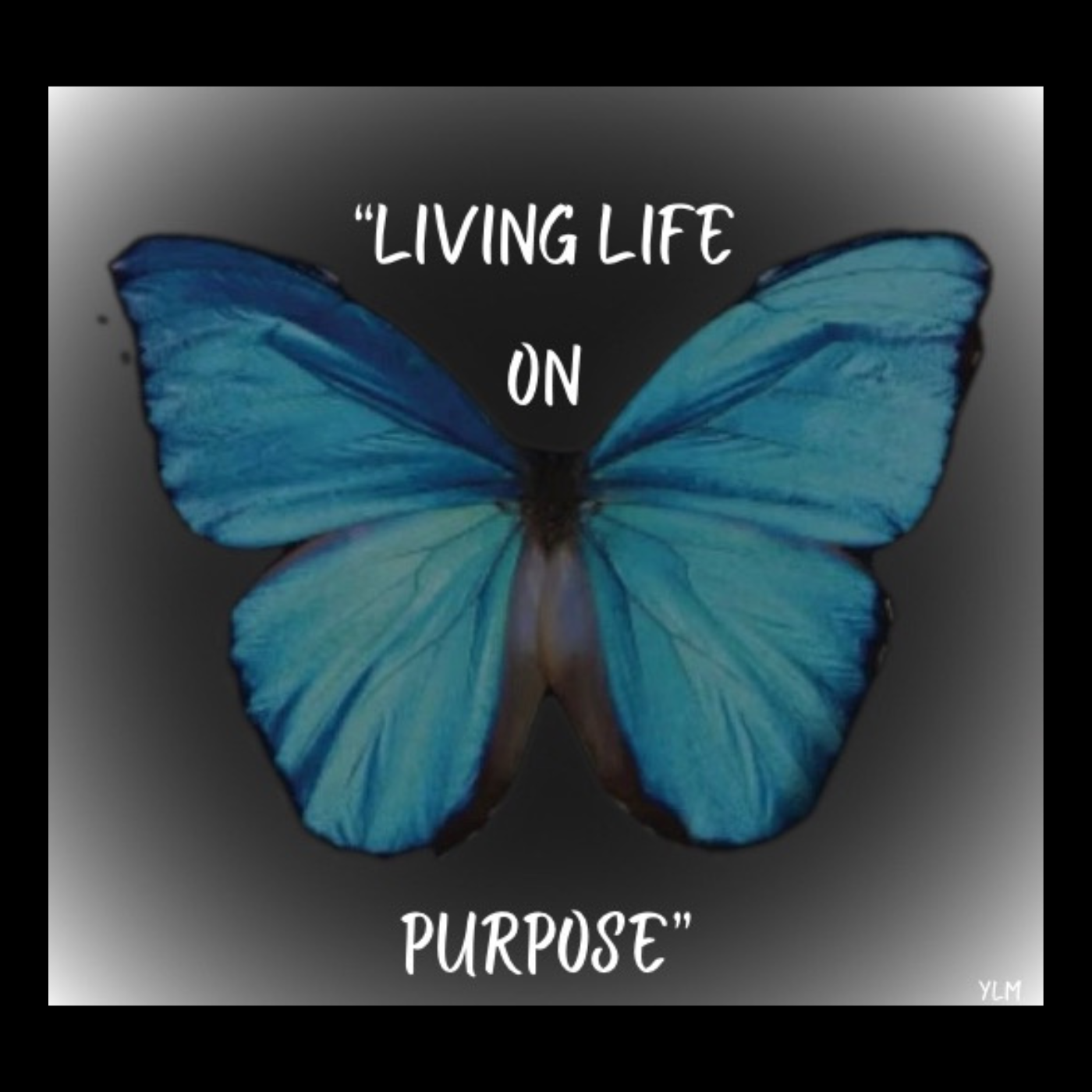 Blue butterfly with quote 'Living life on purpose' above and below it, on a dark background.