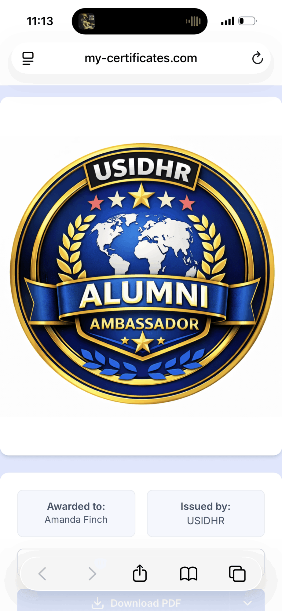 USIDHR Alumni Ambassador badge with globe, stars, and laurel wreaths, blue and gold colors, and text.