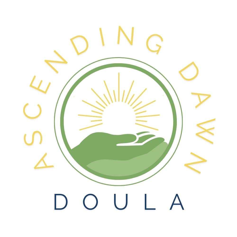 A logo with a hand holding a sun with rays, surrounded by the text 'Ascending Dawn Doula'.