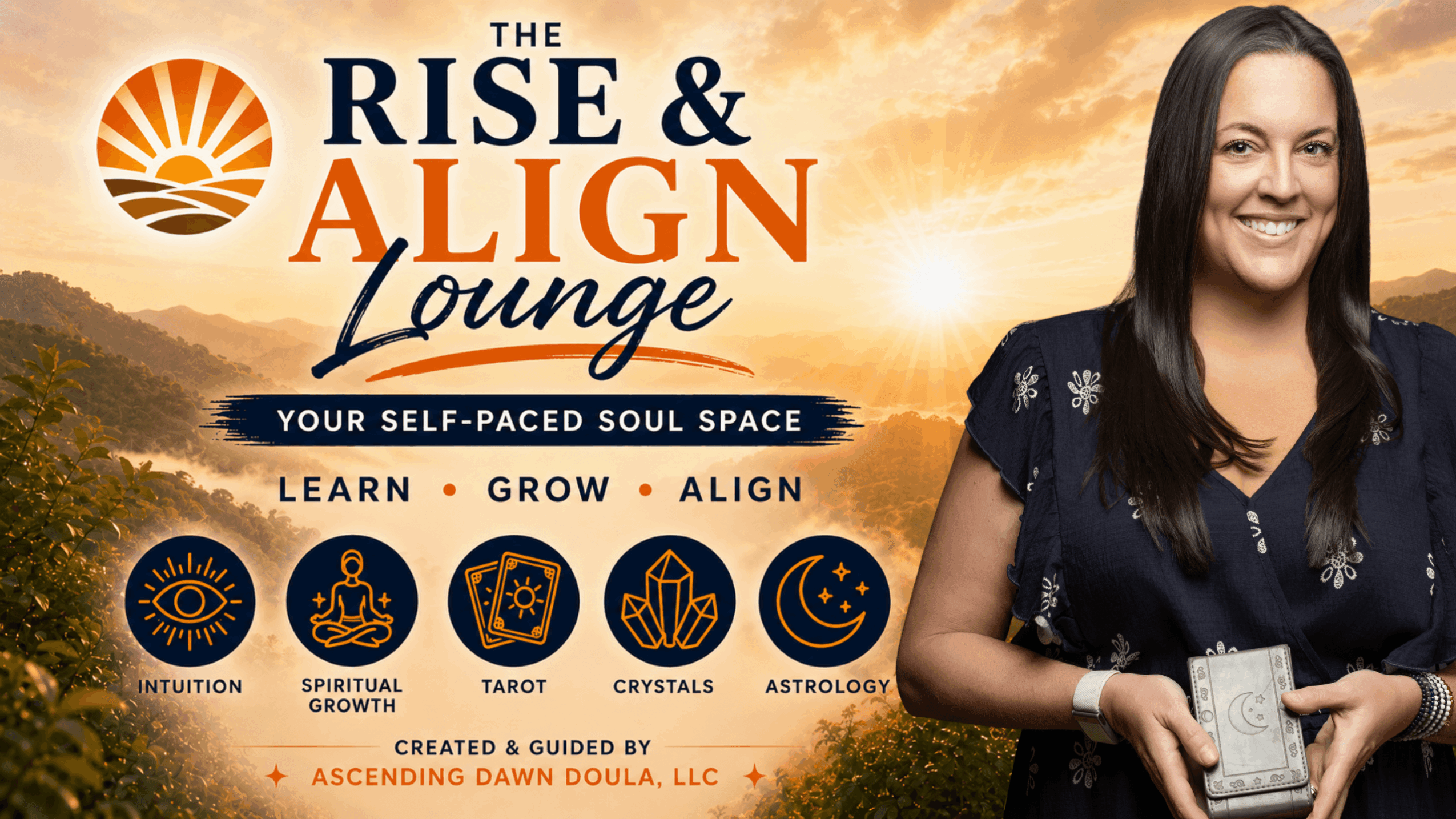 Promotional banner for The Rise & Align Lounge, featuring a smiling woman holding cards, with a sunset background and icons for intuition, spiritual growth, tarot, crystals, and astrology.