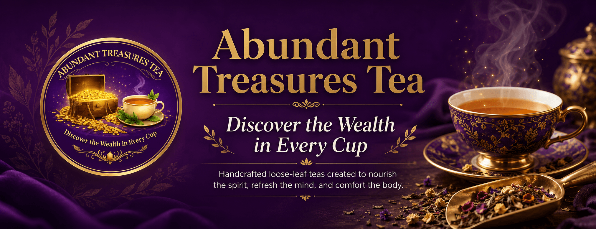 Purple background with gold text and a steaming cup of tea, promoting Abundant Treasures Tea, 20 words.