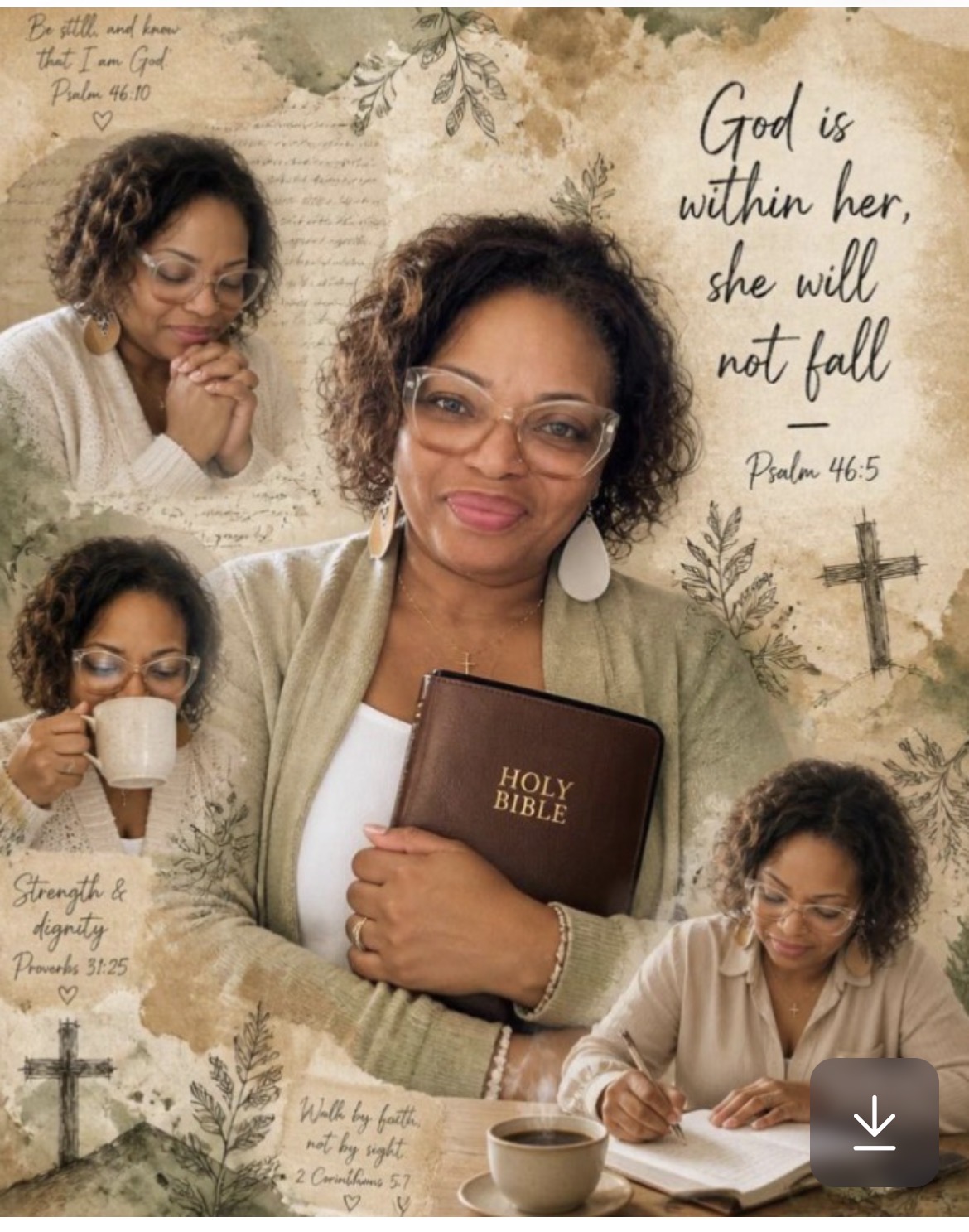 A woman holding a Bible, surrounded by images of her reading and praying, with a background of scripture and decorative elements.