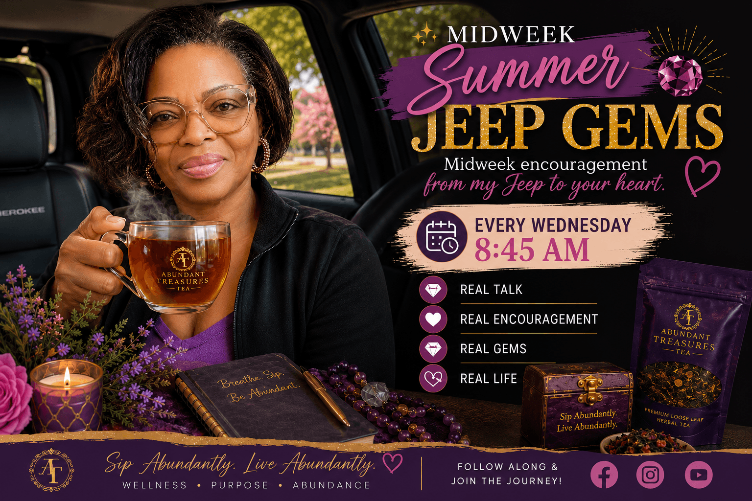 Woman holding a cup of tea, surrounded by books and candles, promoting summer Jeep Gems midweek encouragement event every Wednesday at 8:45 AM.
