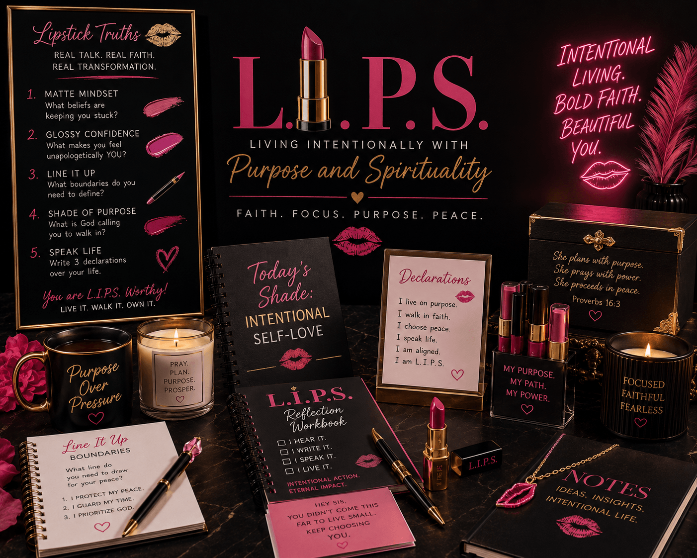 Display with pink and black theme, includes lipsticks, notebooks, and motivational signs about purpose and spirituality.