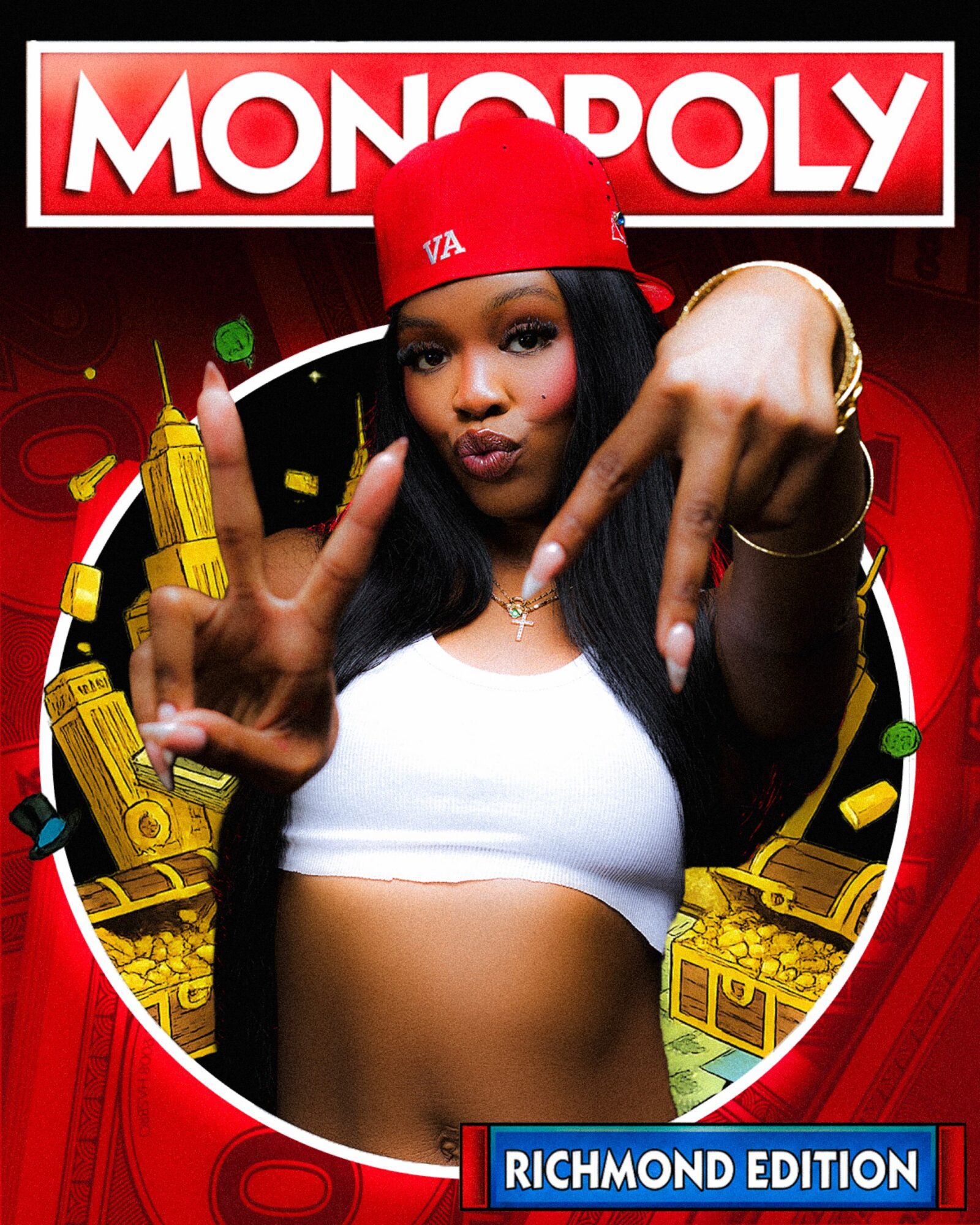 Young woman wearing a red cap and white top, posing with hand gestures, in front of a Monopoly-themed background.