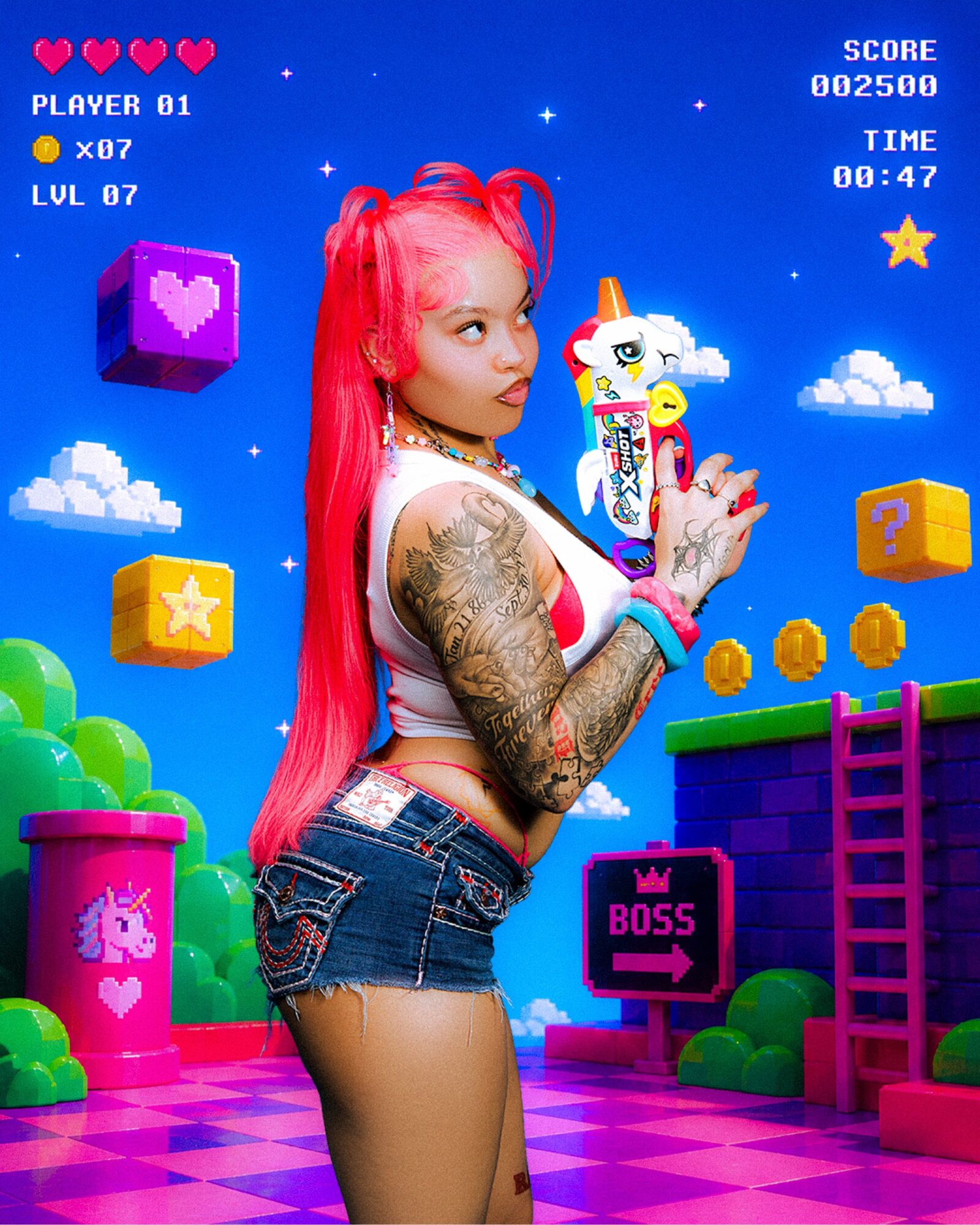 Young woman with bright pink hair and tattoos, standing in a colorful video game-themed background with clouds, blocks, and coins.