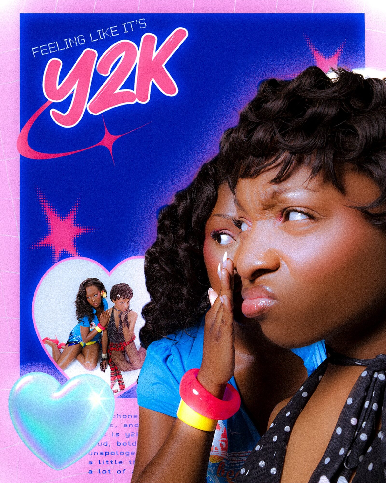 Young woman with curly hair, wearing colorful bracelets, looking to the side, with a Y2K themed poster in the background.