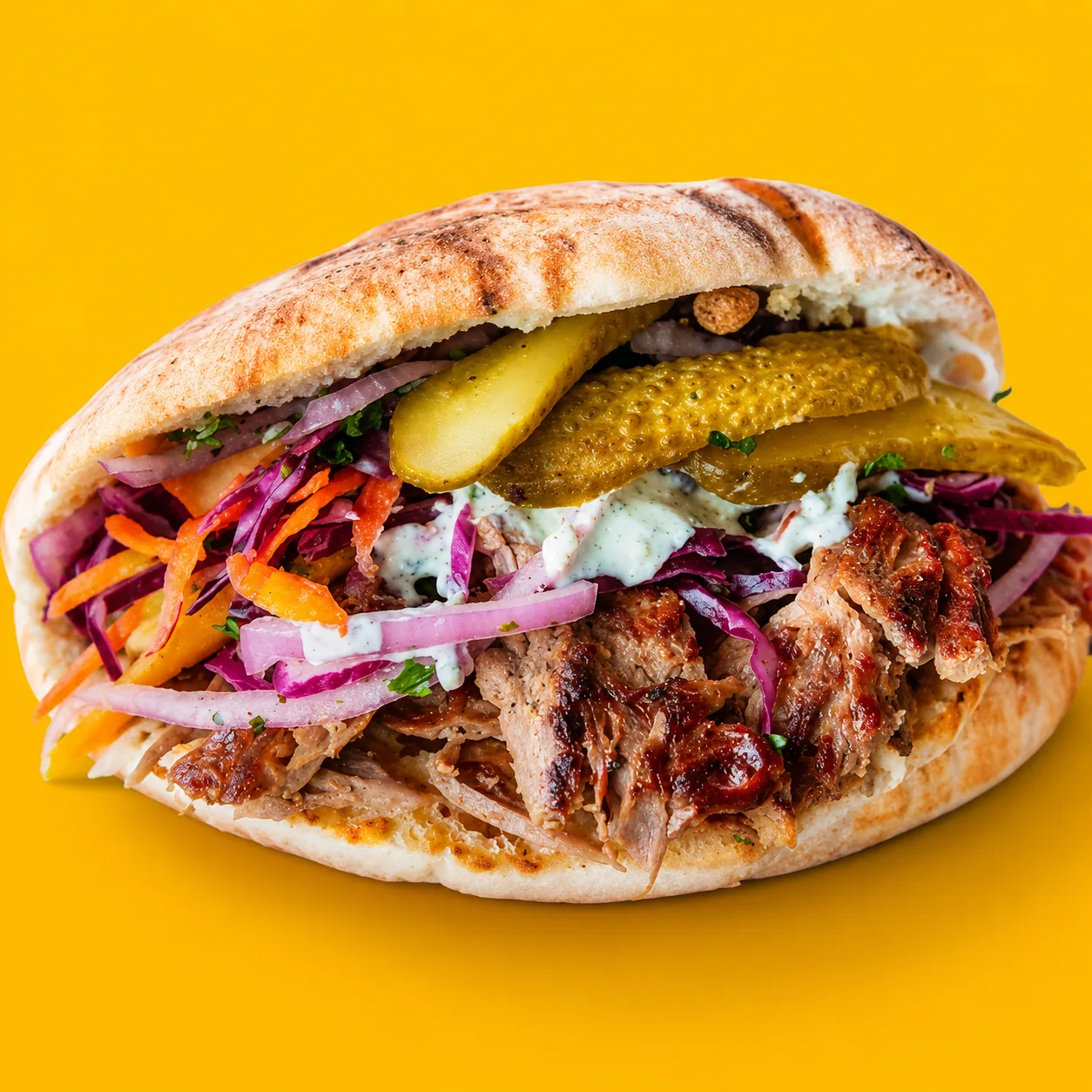 Sandwich with meat, pickles, vegetables, and sauce on a yellow background.