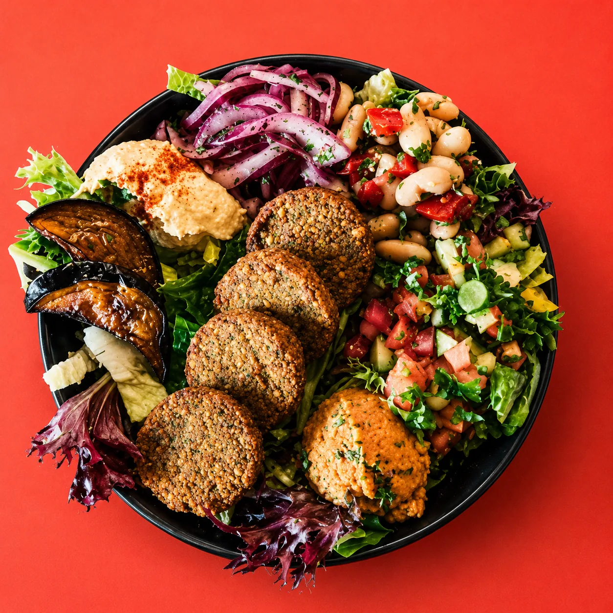 Plate with falafel, roasted eggplant, chickpea salad, onion slices, and mixed greens on a red background.