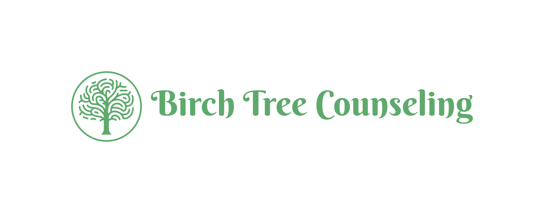 Logo with a green tree icon and text reading 'Birch Tree Counseling' on a black background.