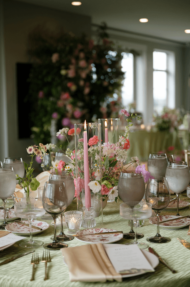 Elegant table setting with pink and white flowers, candles, glassware, and napkins in a decorated room with large windows.