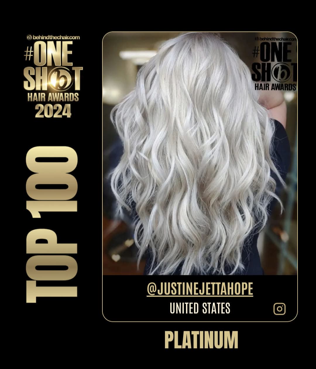 Back of a person with long, wavy platinum blonde hair, in a mirror, with text about awards and social media handle.