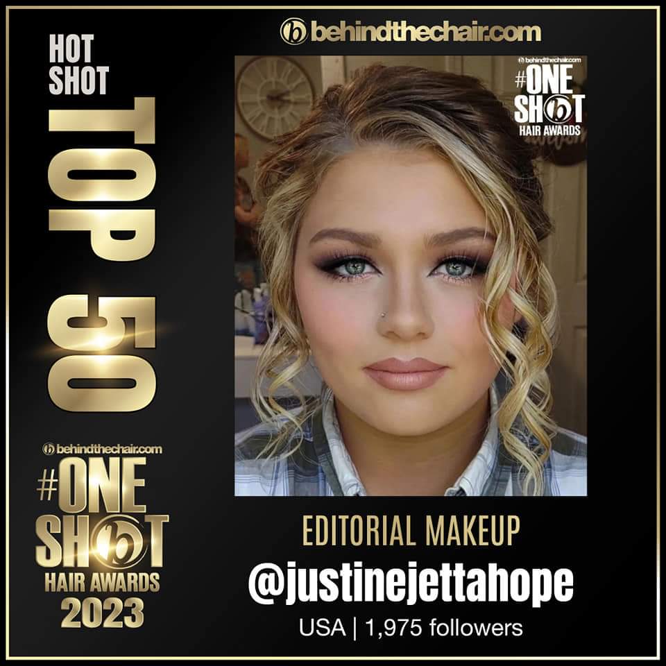 Close-up of a woman with styled blonde hair and makeup, looking at the camera, with text about hair awards and social media.