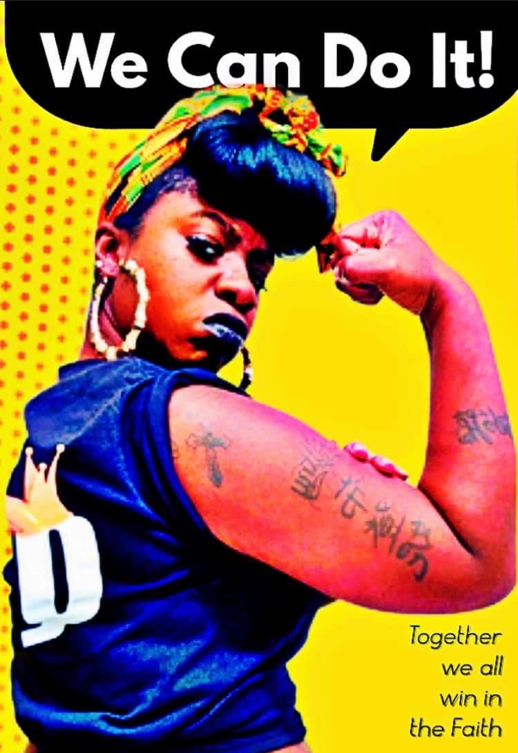 Woman with colorful headwrap flexing arm, tattoos visible, yellow background, speech bubble says 'We Can Do It!', text reads 'together we all win in the fight'.