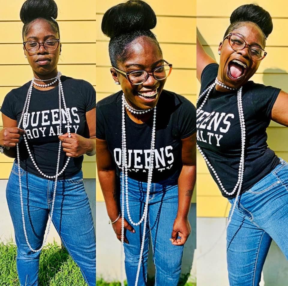 Three images of a woman with glasses, wearing a black t-shirt with 'QUEENS ROYALTY' and blue jeans, smiling and posing outdoors.