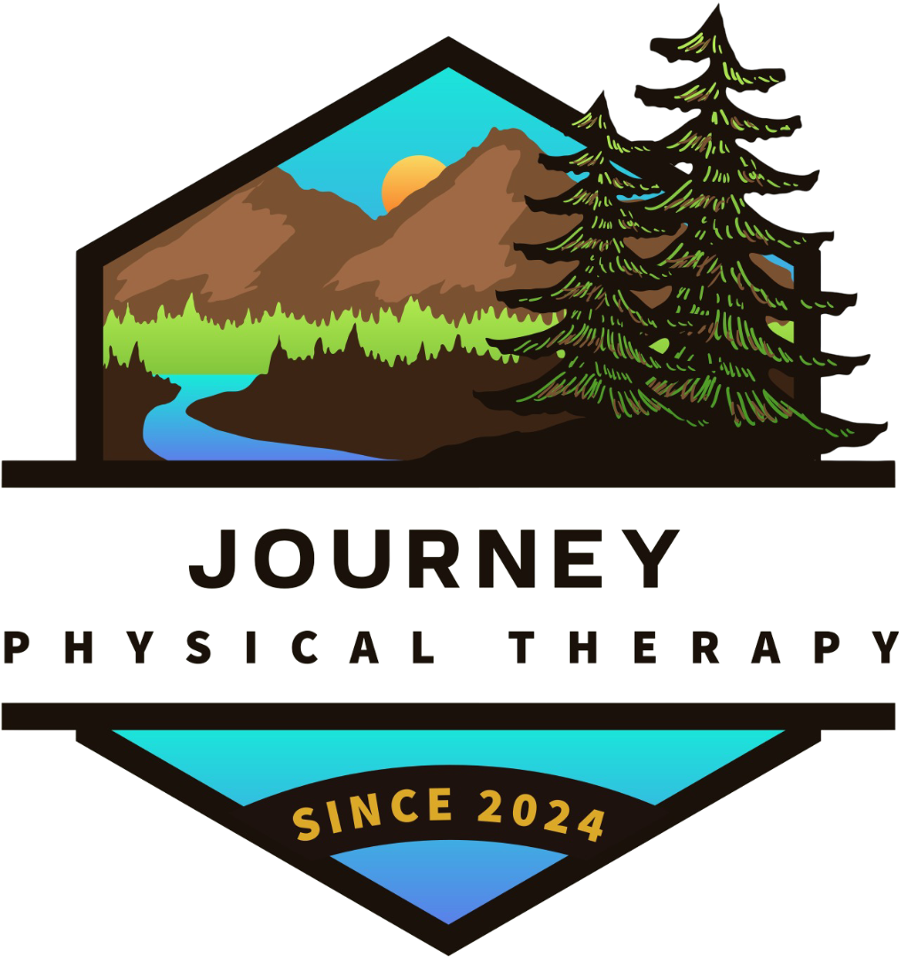 Logo with mountains, trees, river, and sun, with text 'Journey Physical Therapy' and 'Since 2024'.