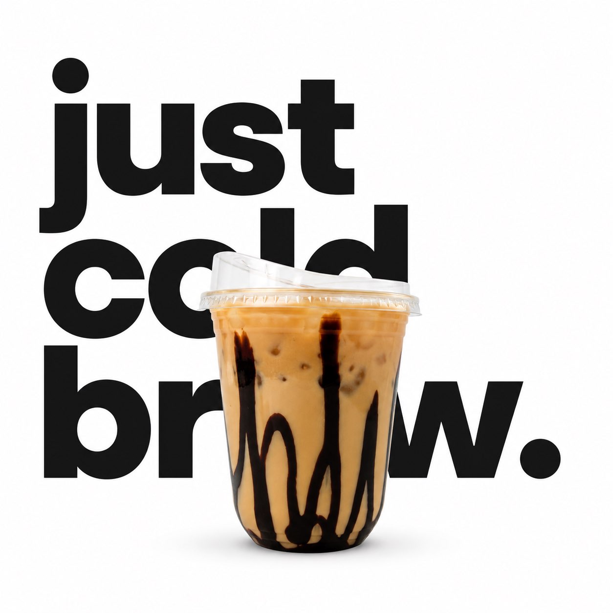 A cup of iced coffee with chocolate syrup against a white background with black text.
