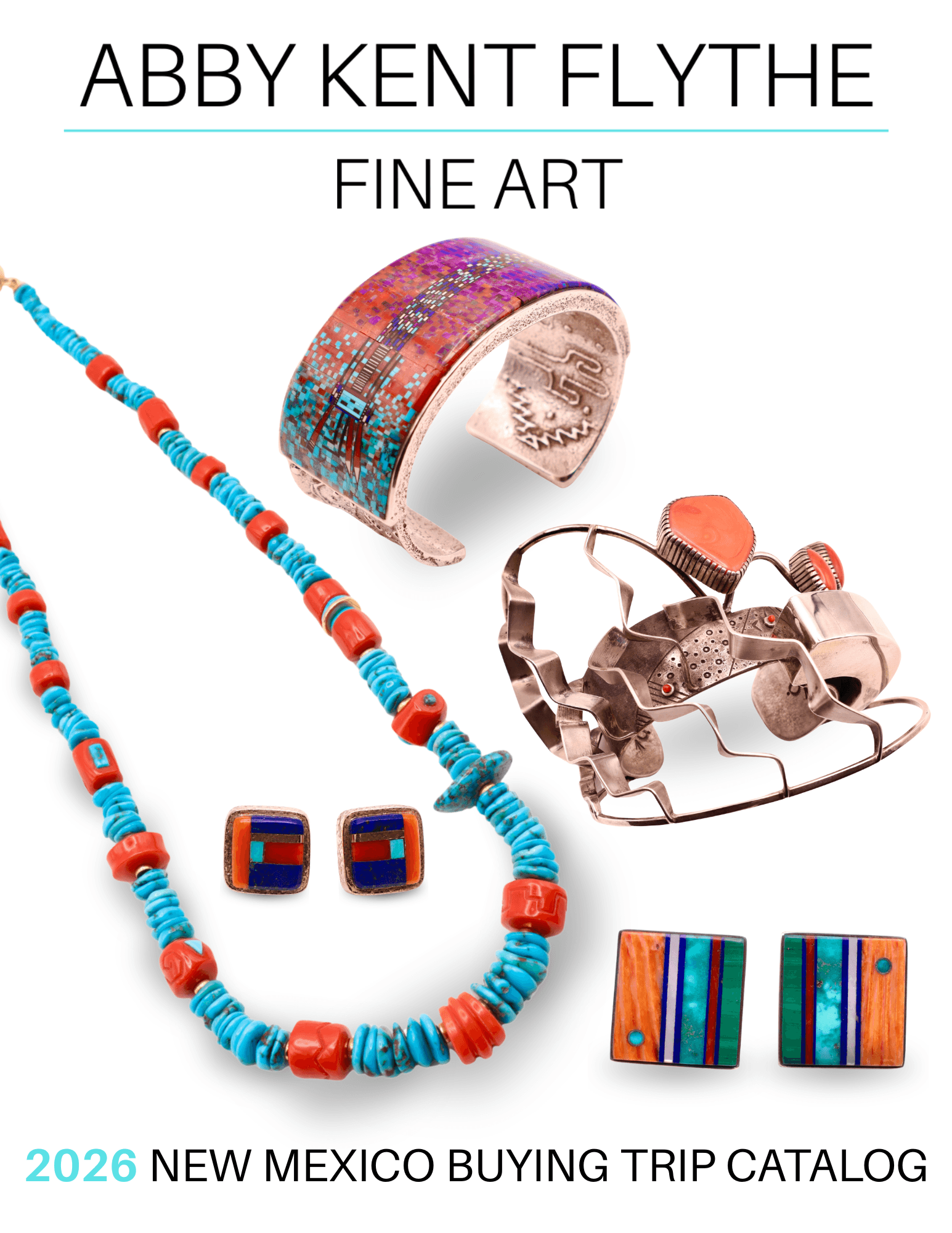 Jewelry and accessories including a beaded necklace, a colorful cuff bracelet, a ring, earrings, and a pair of rectangular earrings.