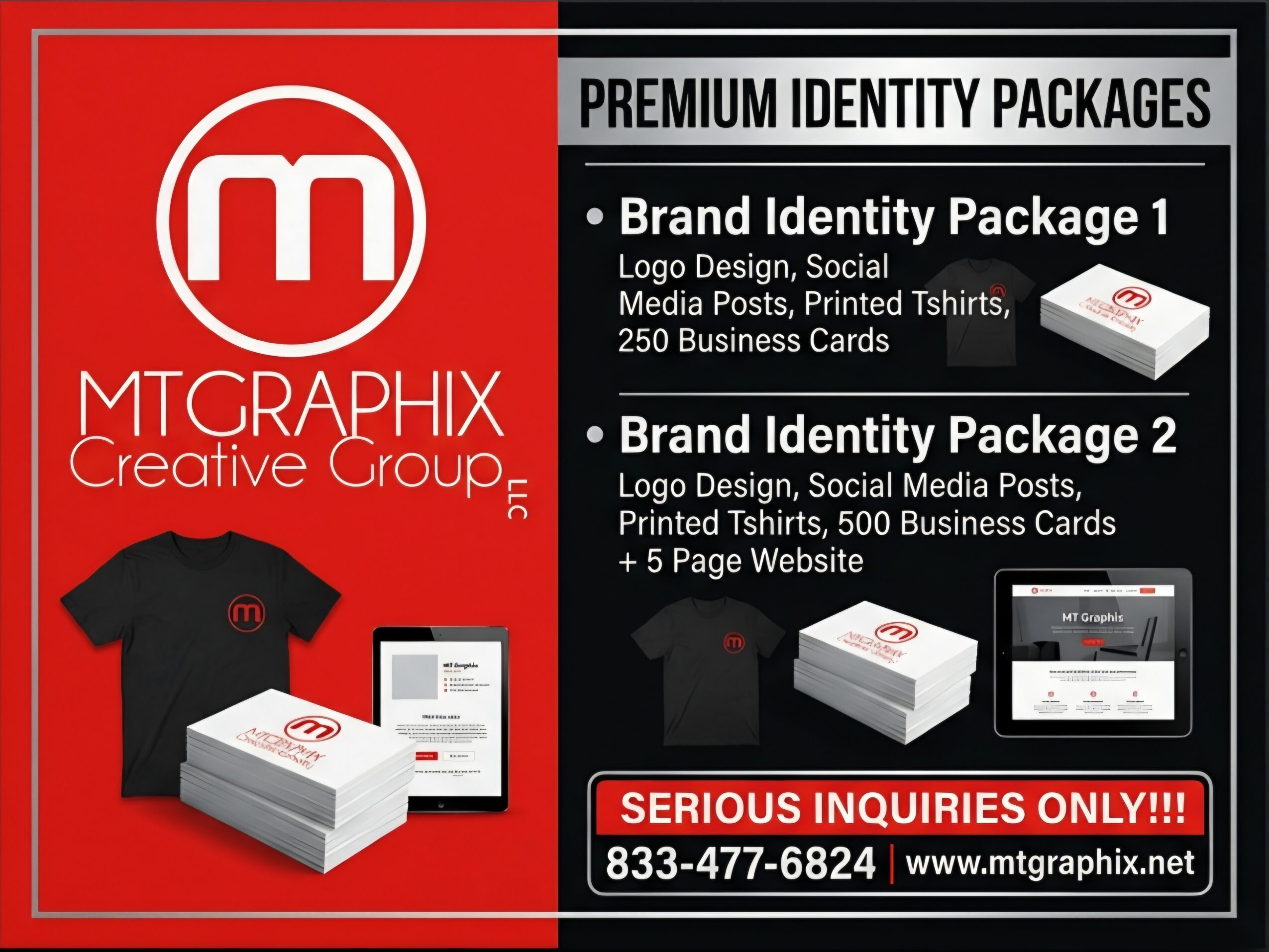 Red and black advertisement for MTGRAPHIX creative group, showcasing premium identity packages and contact information.