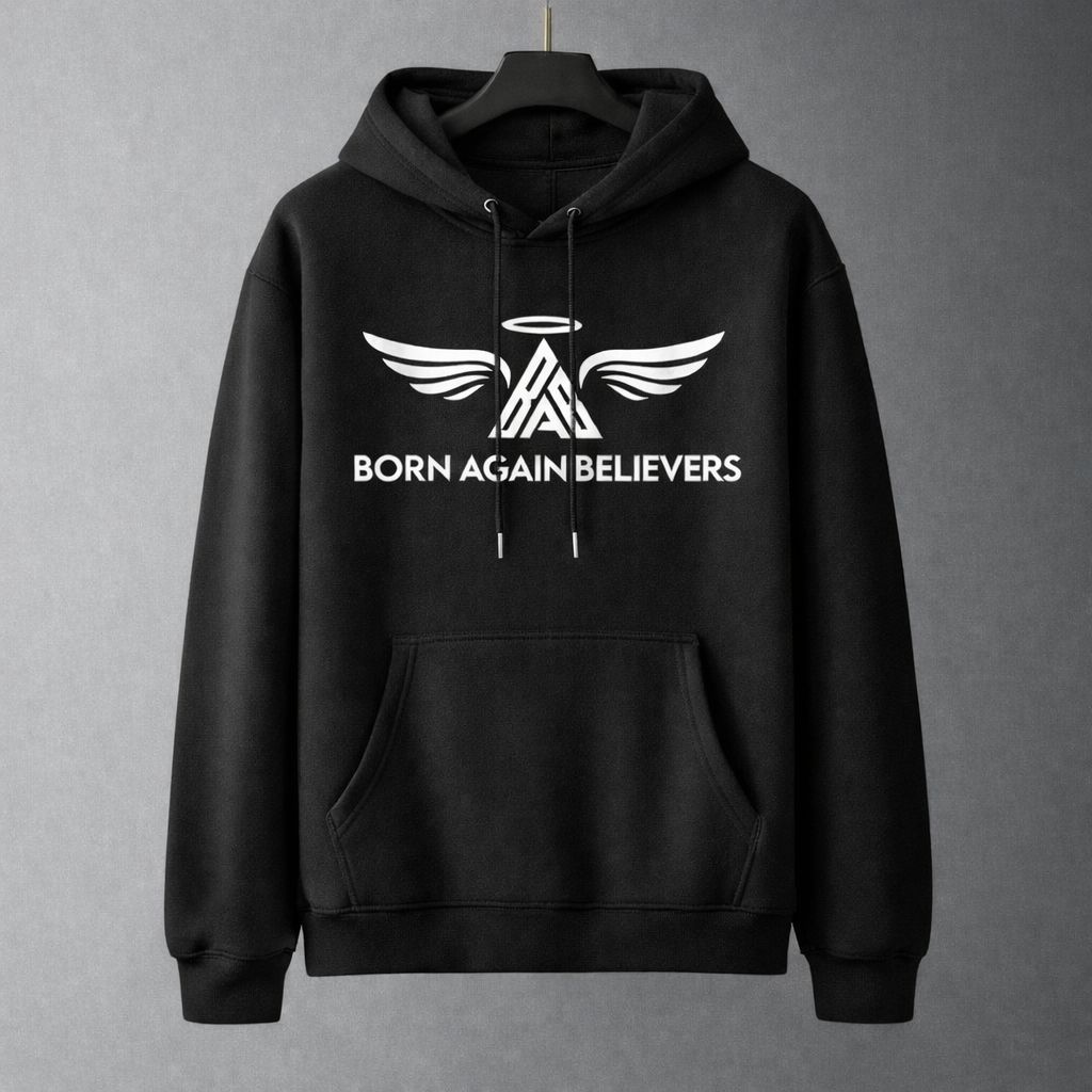 Black hoodie with white graphic and text, hanging on a hanger against a gray background.
