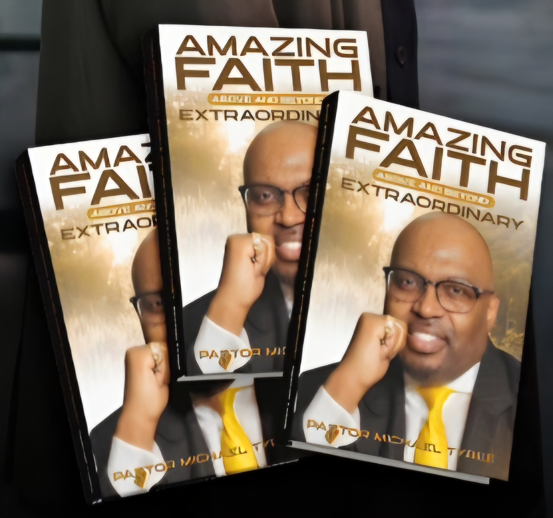 Three copies of a magazine titled 'Amazing Faith' with a man in glasses and a yellow tie on the cover, holding his fist near his face.
