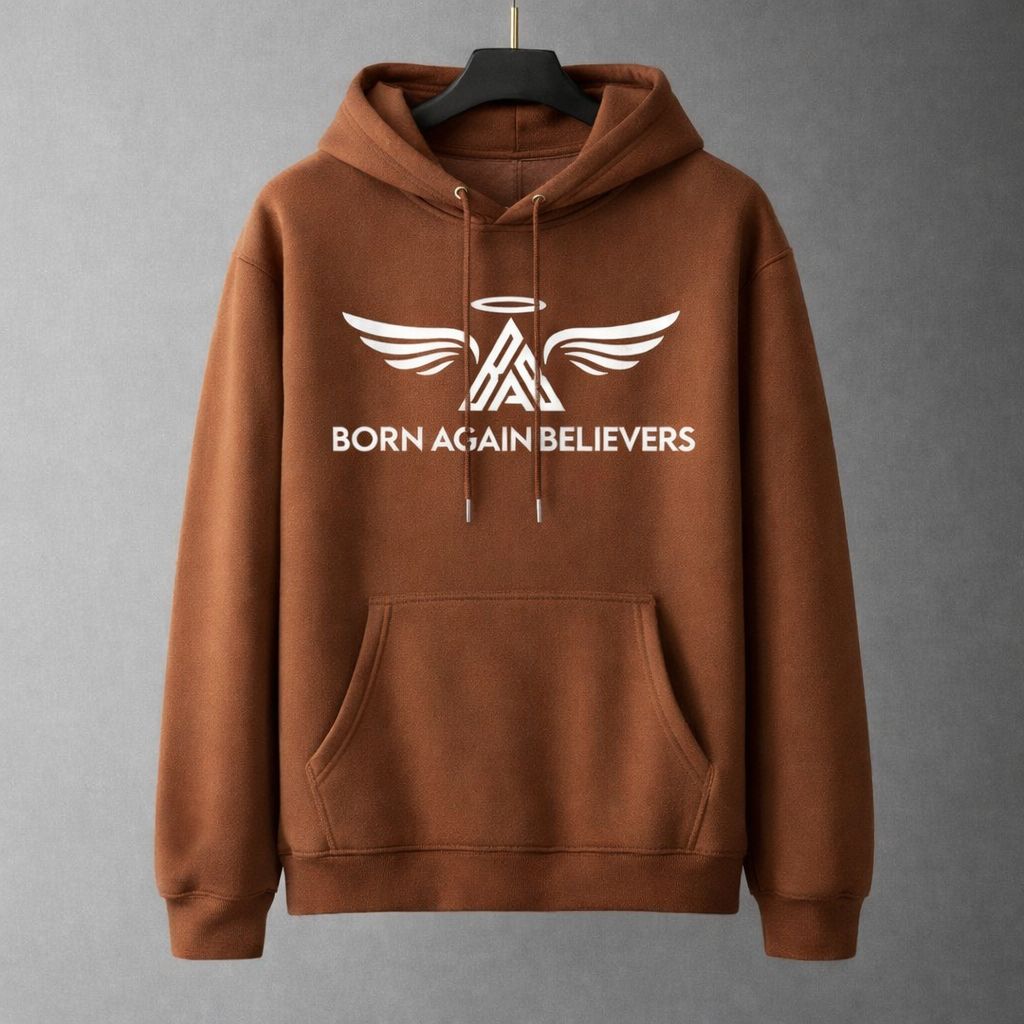 Brown hoodie with a white graphic and text, hanging on a black hanger against a gray background.