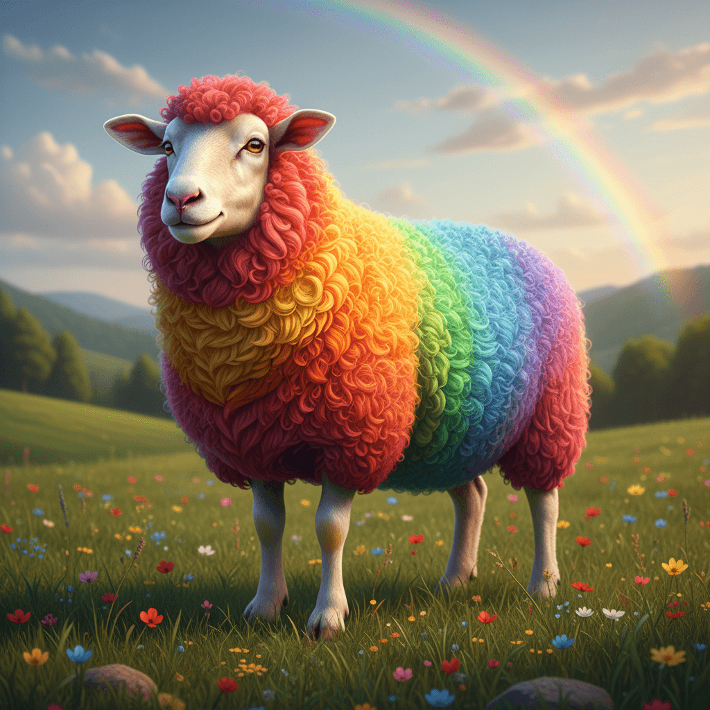 A sheep with a rainbow-colored, curly wool coat standing in a grassy field with a rainbow in the sky.