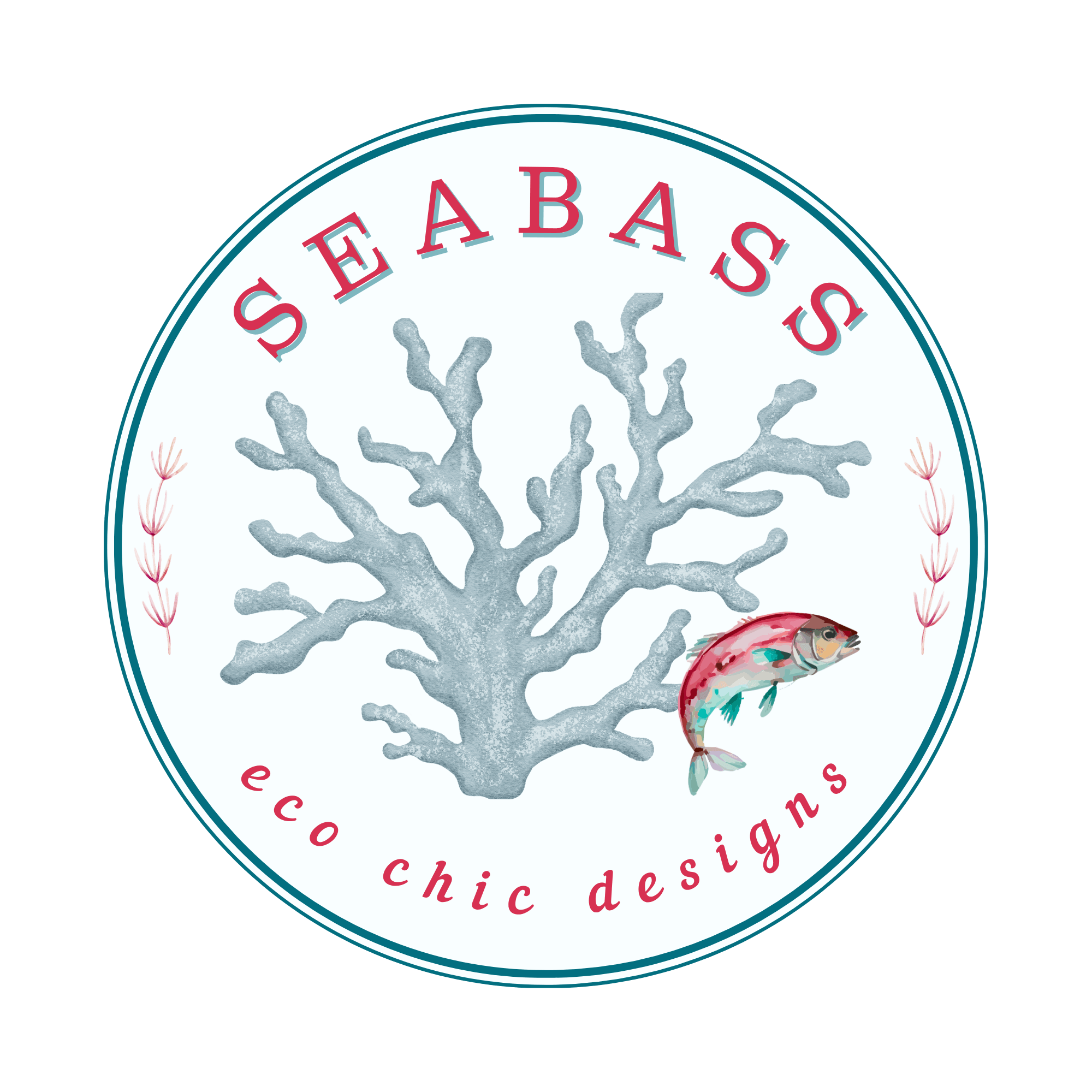 Logo with coral, fish, and text 'SEABASS eco chic designs' on a black background.