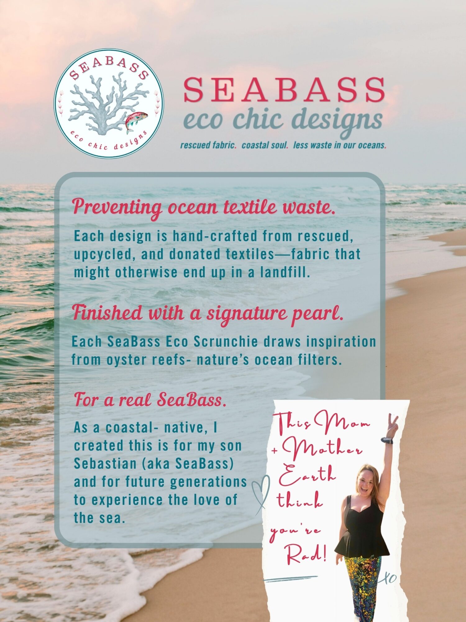 Beach scene with waves and sky, promotional flyer for Seabass eco chic designs, featuring text about ocean waste and a handwritten note with a person.