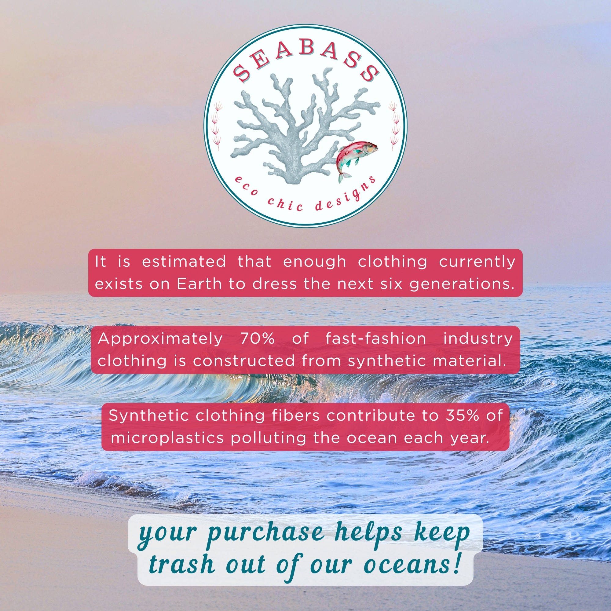 Seabass logo with a fish and coral, three text boxes about clothing's environmental impact, and a message about ocean conservation.