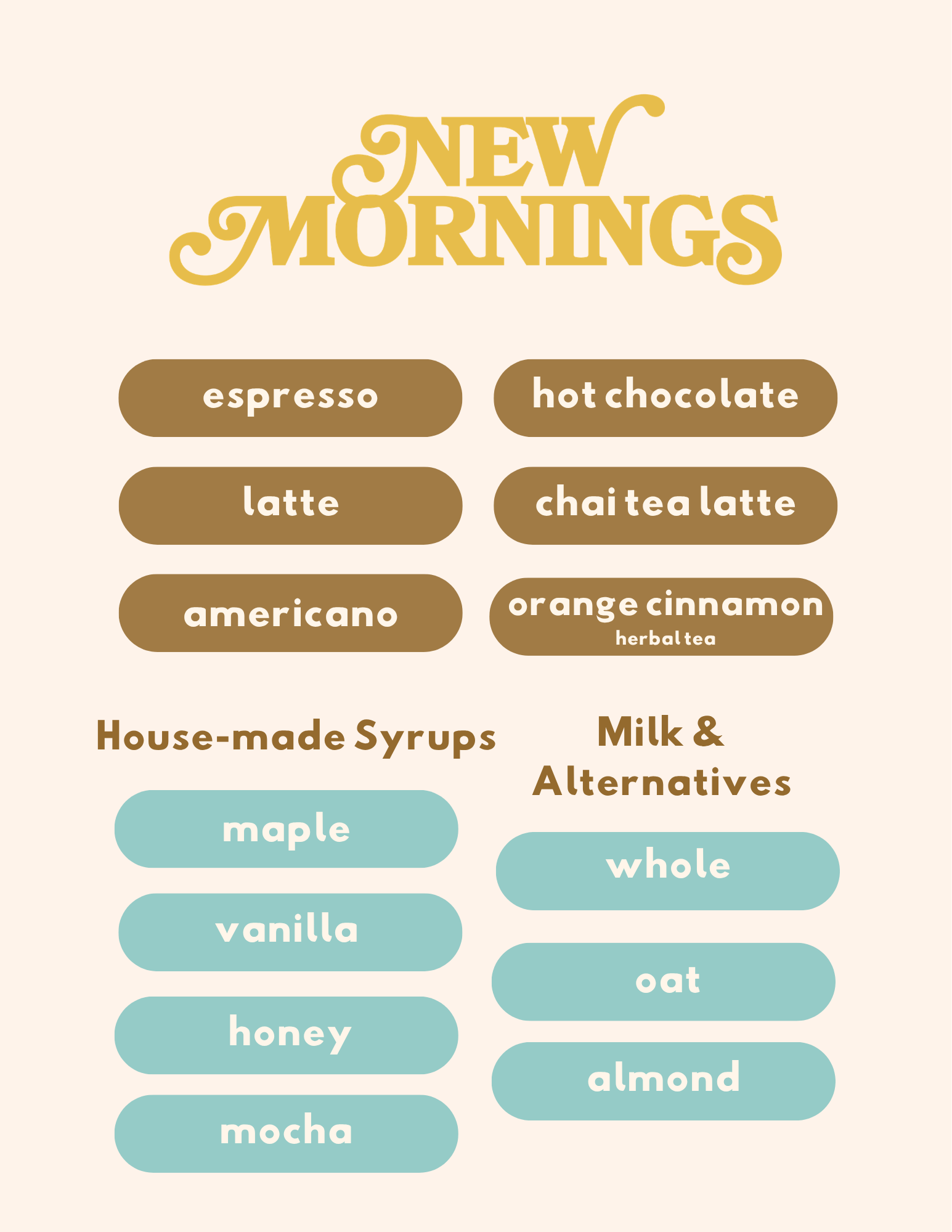 Menu with coffee drinks, syrups, and milk alternatives, featuring text in brown, blue, and gold colors.