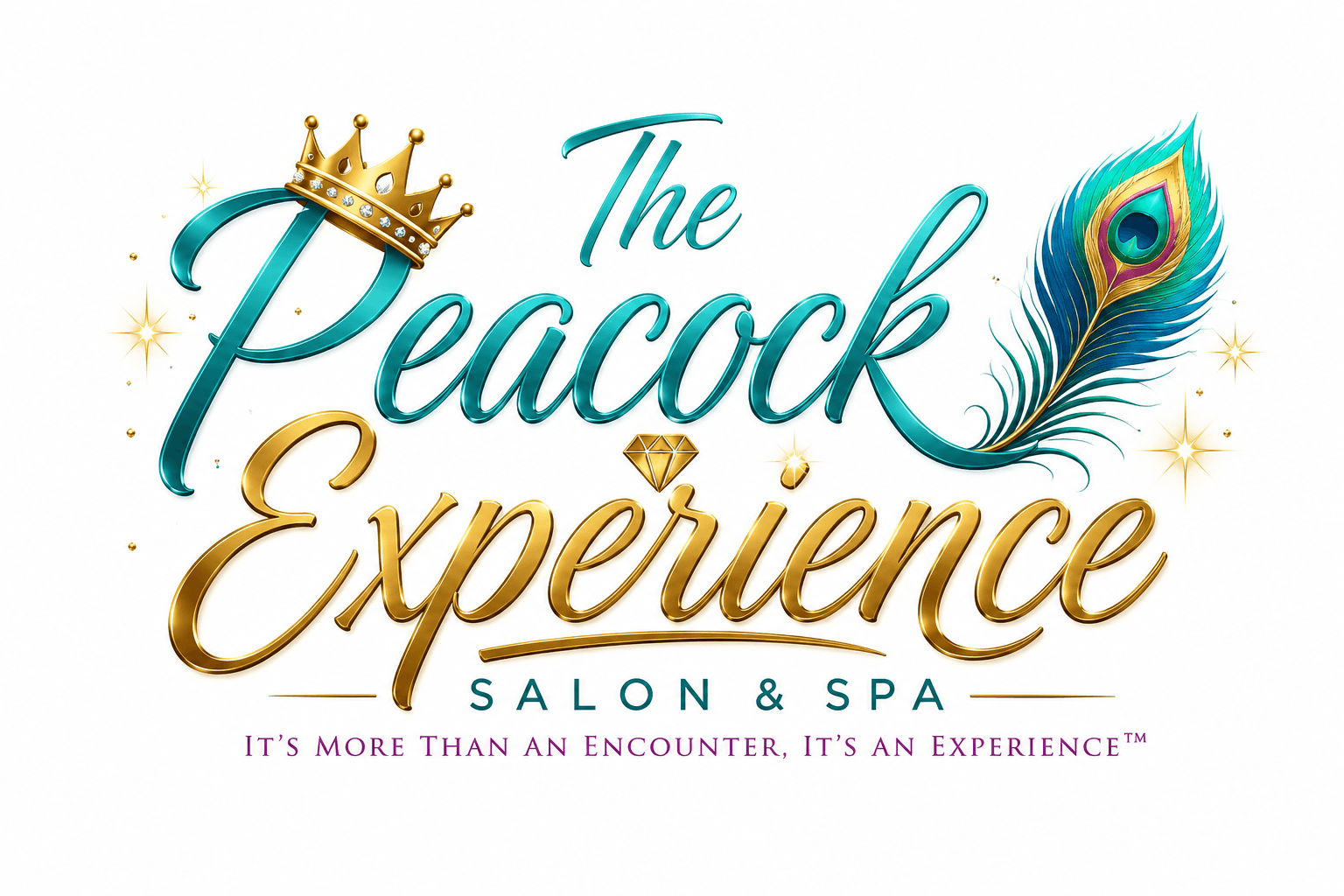 Logo with a crown, peacock feather, and elegant text for The Peacock Experience Salon & Spa.