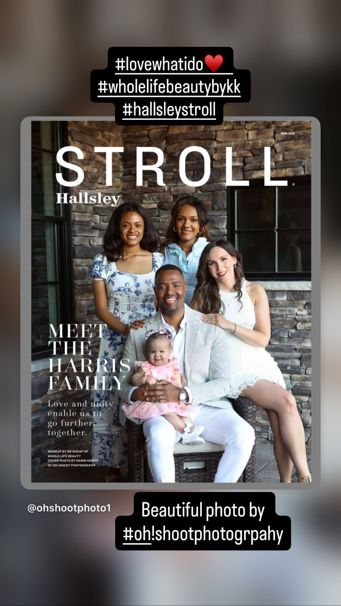Group of five people, including a child, sitting on stairs outside, smiling, with text overlay about family and photography.