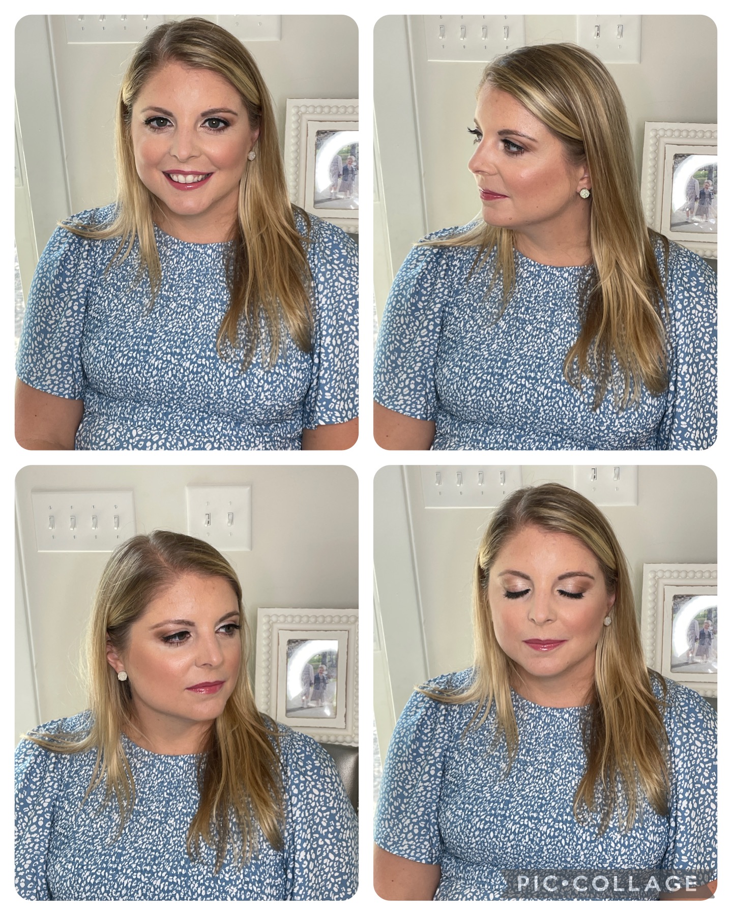 Four images of a woman with blonde hair wearing a blue patterned top, smiling and looking in different directions, in a room with white walls and framed pictures.