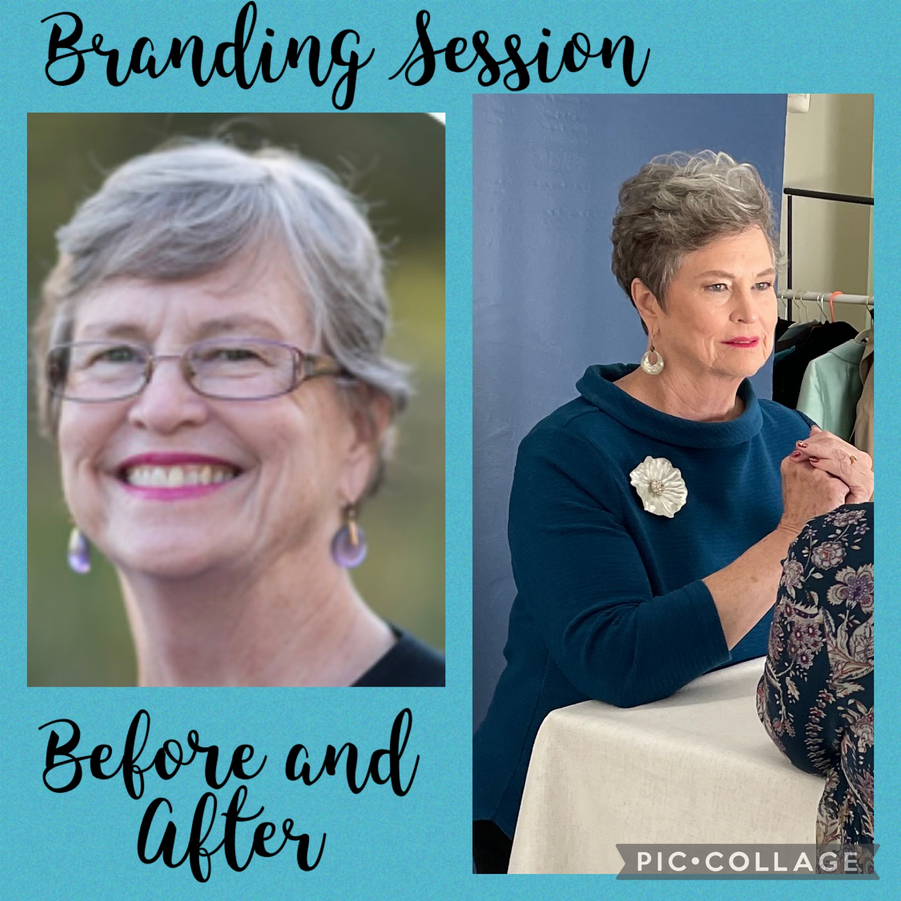 Side-by-side photos of a smiling older woman before and after a makeover, with text 'Branding Session' and 'Before and After'.