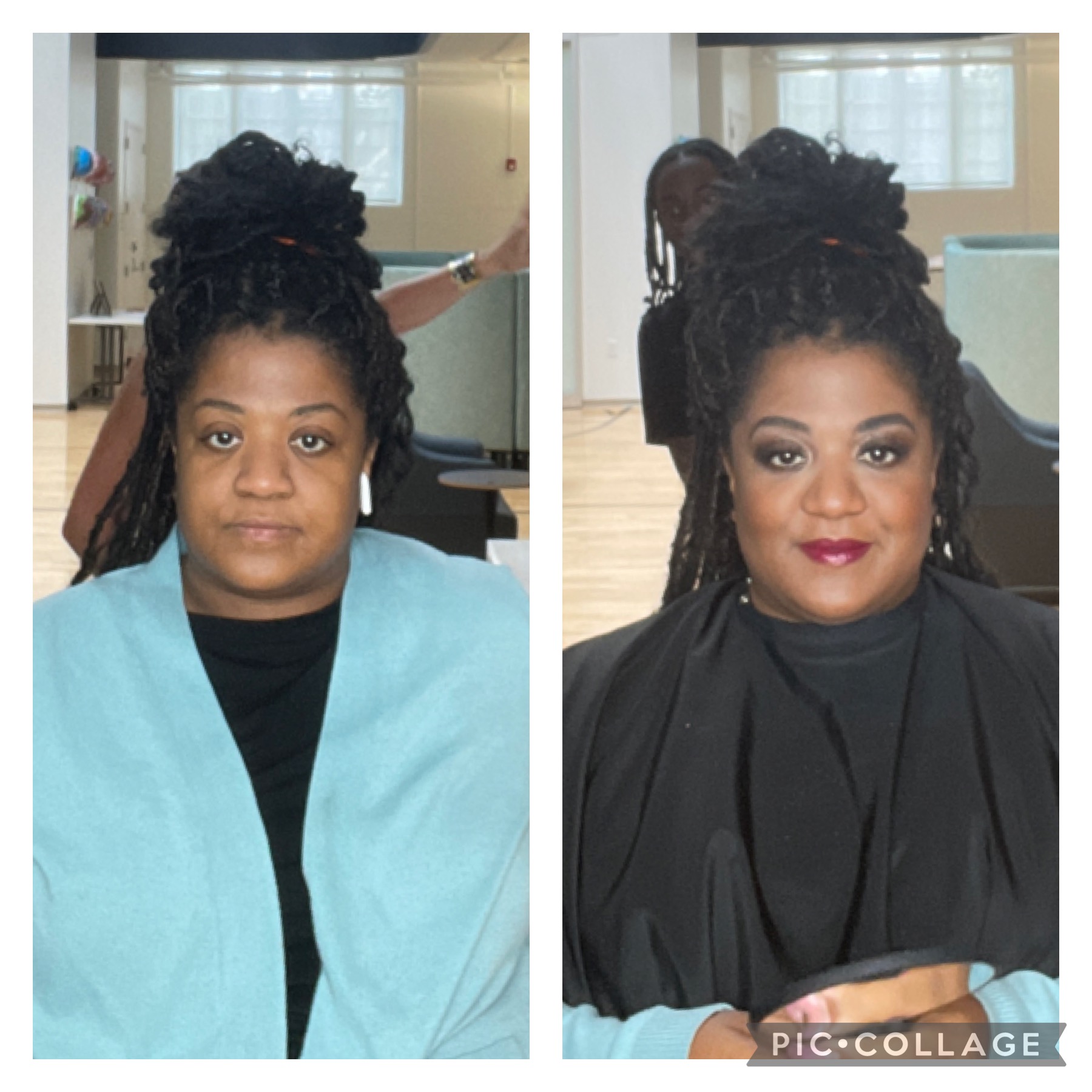 Before and after hair and makeup transformation of a woman in a salon, showing her with a black cape and styled hair.
