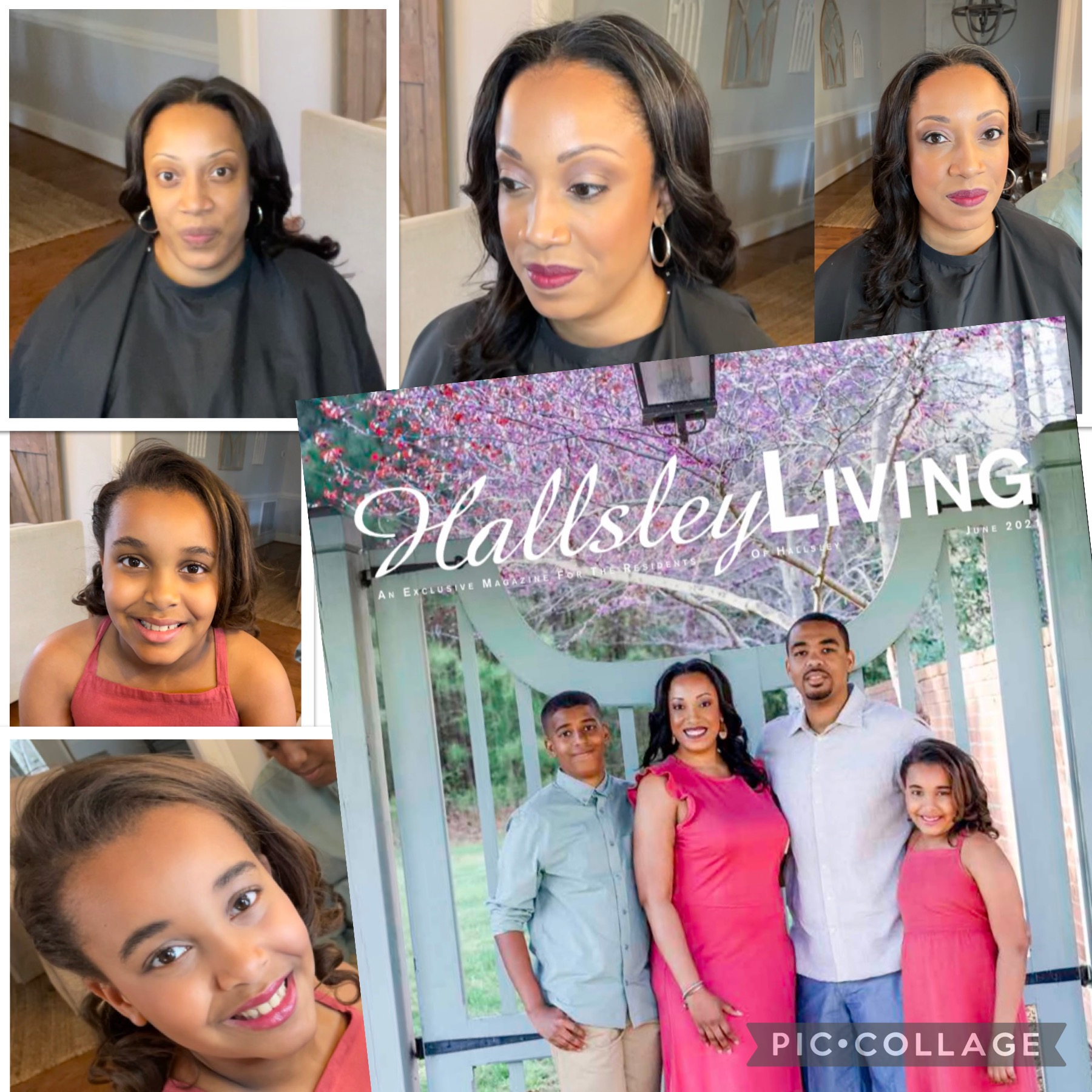 Four women and two children in a collage, with a magazine cover titled 'Hallstley LIVING' featuring a family photo.