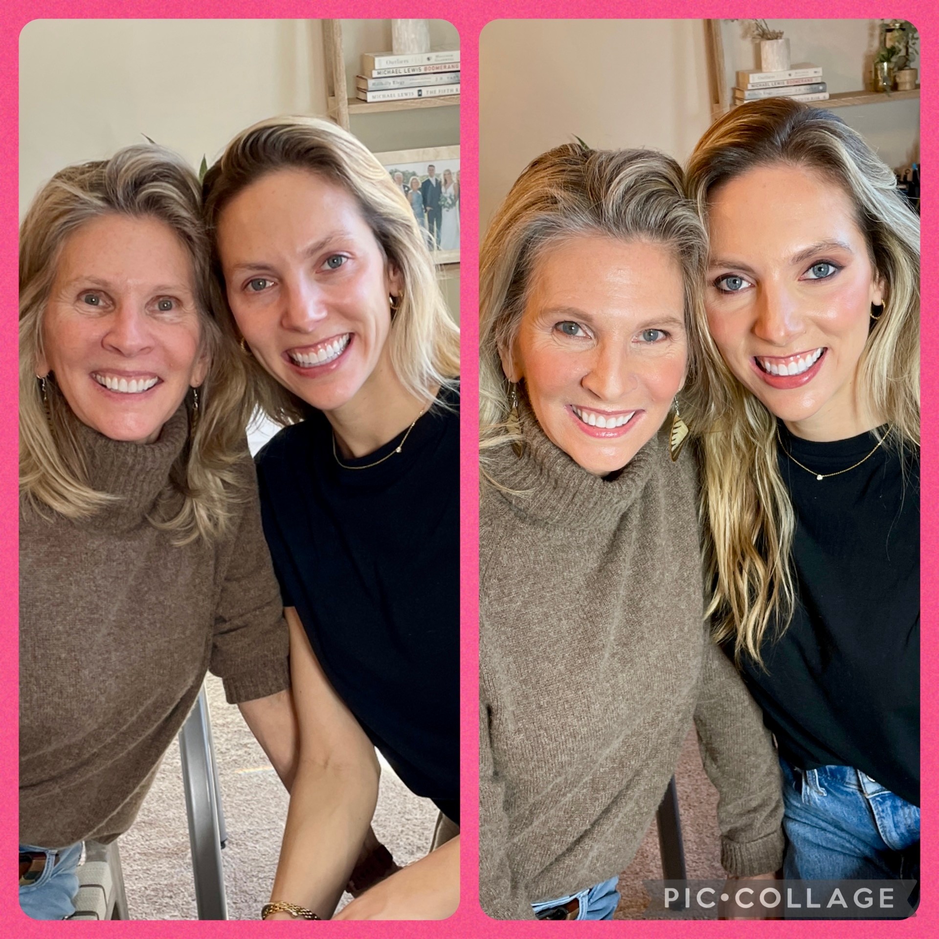 Two women smiling indoors, one with gray hair and the other with blonde hair, close together. Bright background with books and decor.