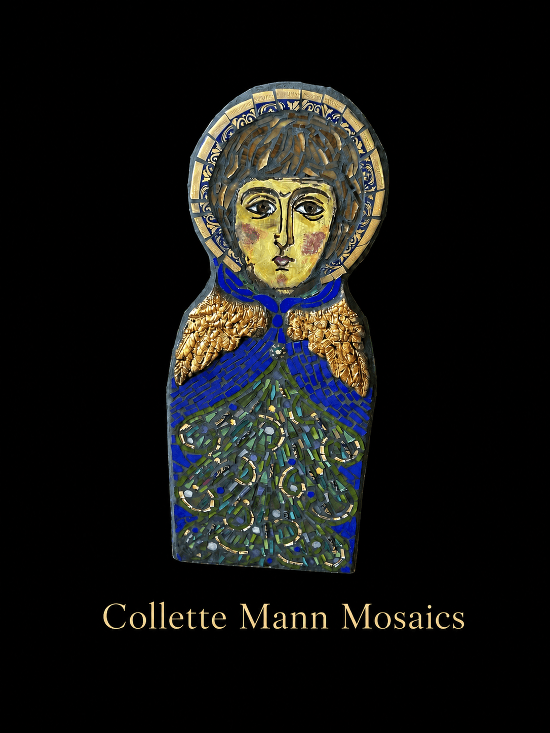 Mosaic of a person with a halo, detailed face, and ornate clothing, set against a black background.