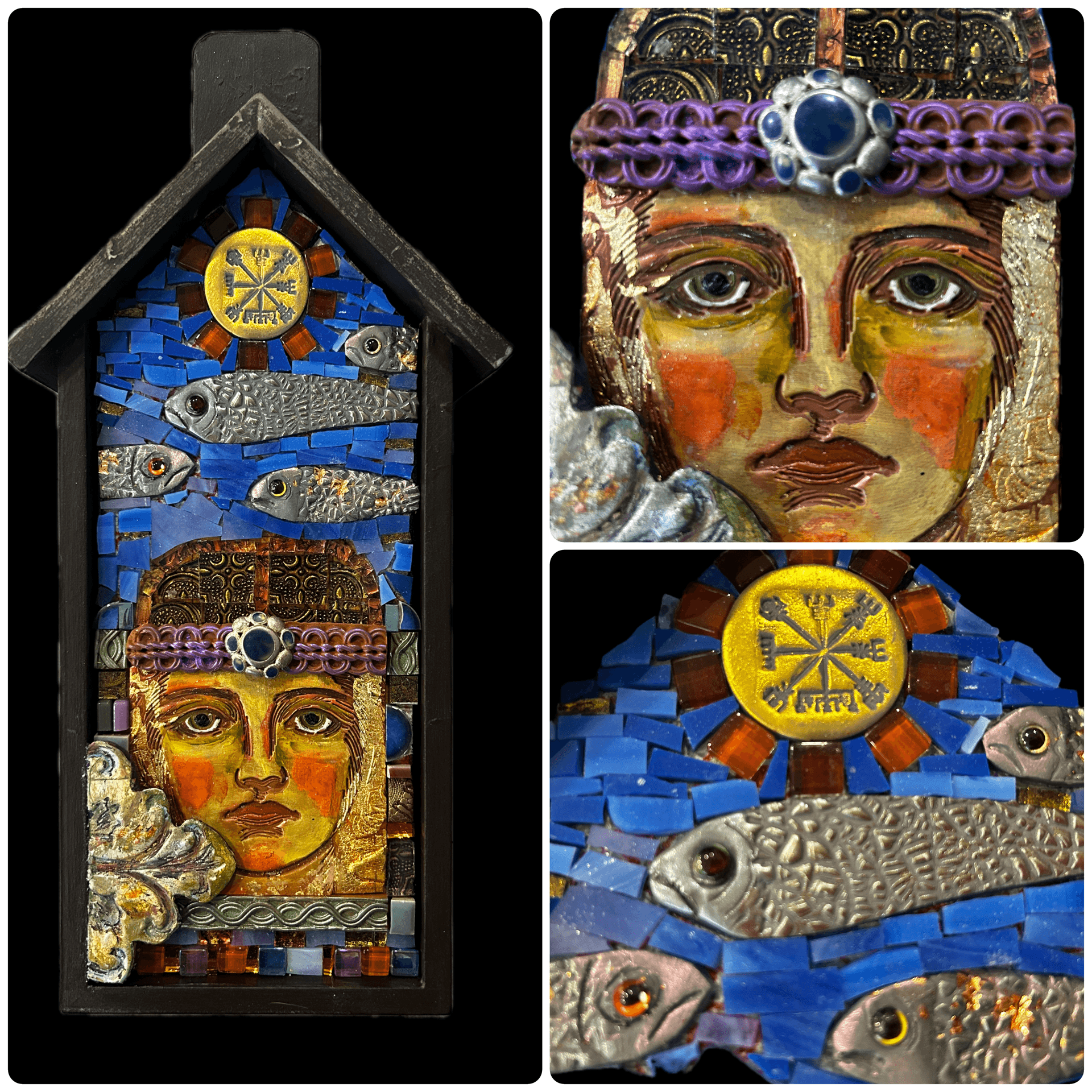 Mixed media artwork with a face, fish, and symbols, featuring vibrant colors and textured mosaic elements.