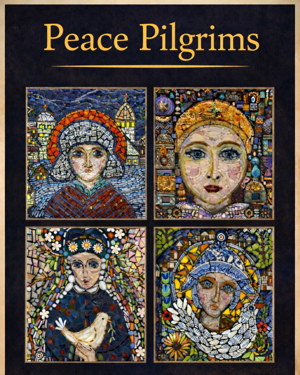 Book cover titled 'Peace Pilgrims' with four mosaic portraits of women, each with distinct backgrounds and accessories.