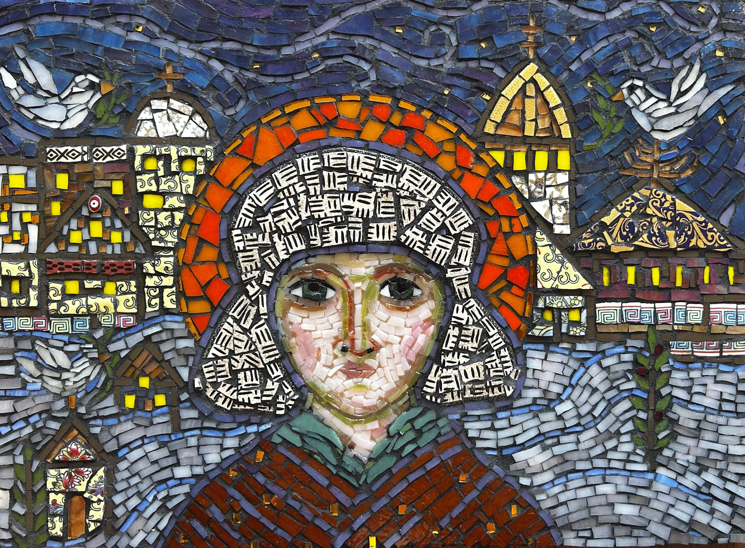 Mosaic artwork of a person with a halo, cityscape background, and a dome, using colorful tiles.