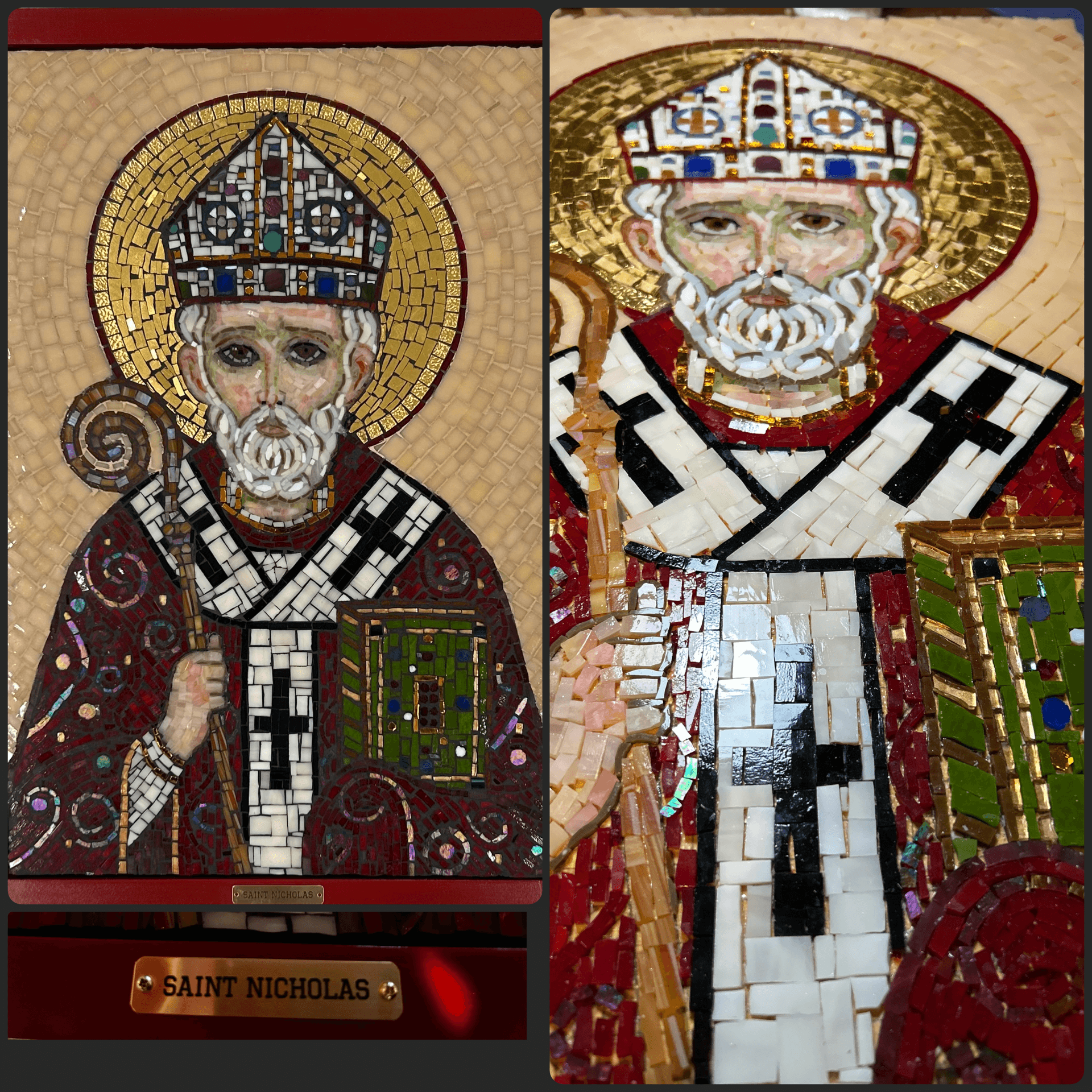 Two mosaic icons of Saint Nicholas, one with a golden halo, detailed robes, and a book, displayed side by side.