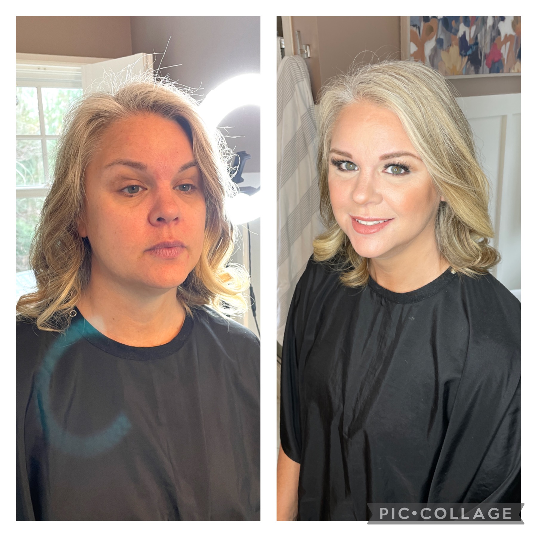 Side-by-side images of a woman before and after makeup and hairstyling, smiling in the after photo, wearing a black cape.