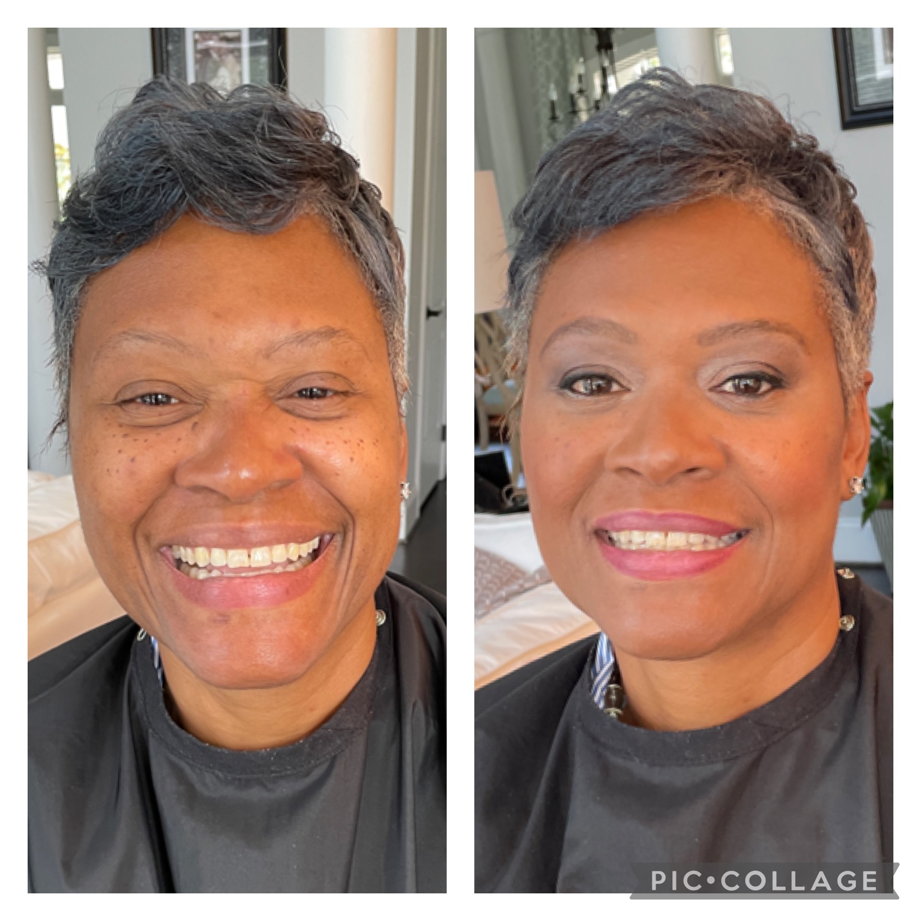 Before and after photos of a woman with short hair, smiling, showing a transformation with makeup and hairstyling.