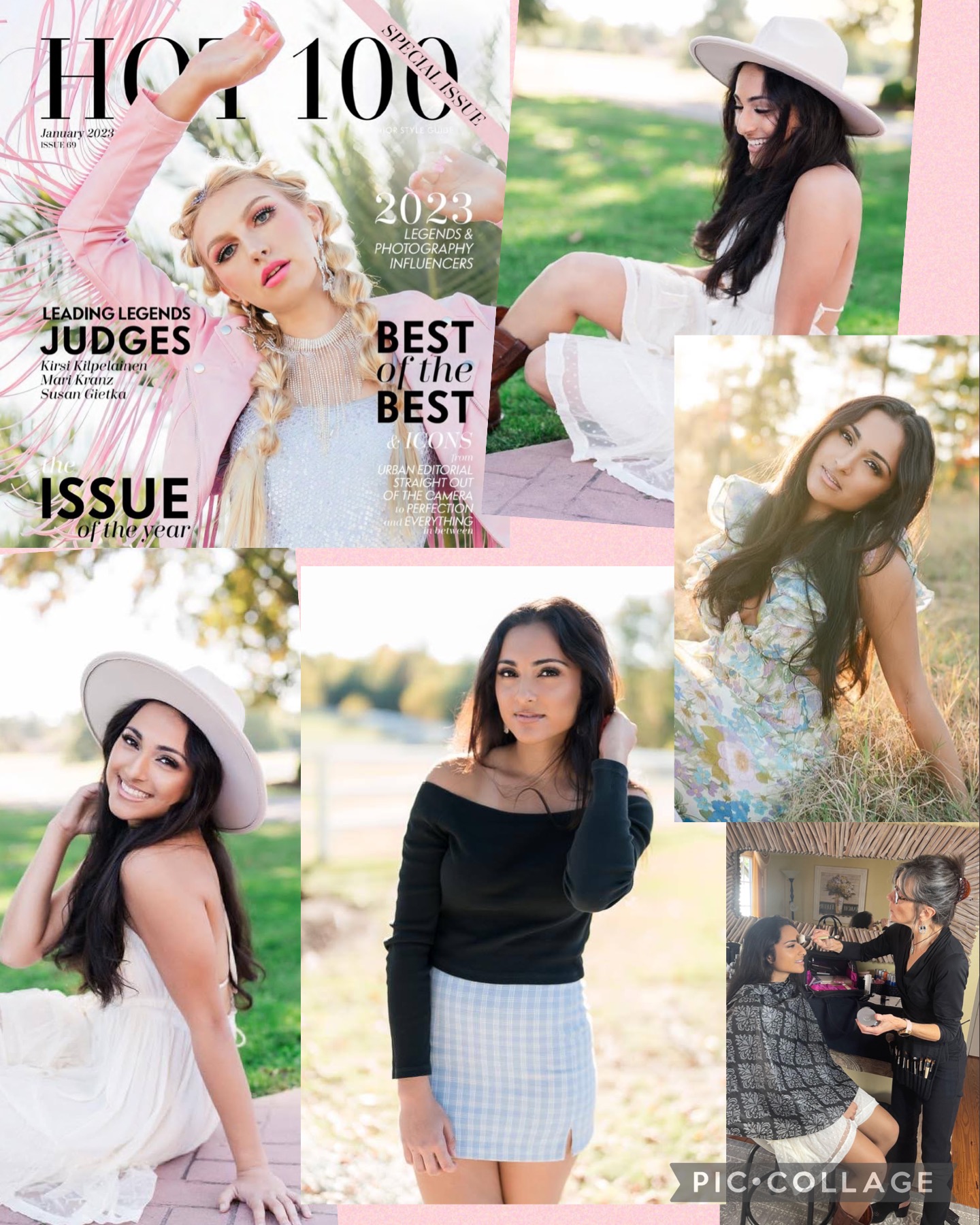 Collage of six women outdoors, some sitting and some standing, wearing casual and stylish clothing, with trees and sunlight in background.