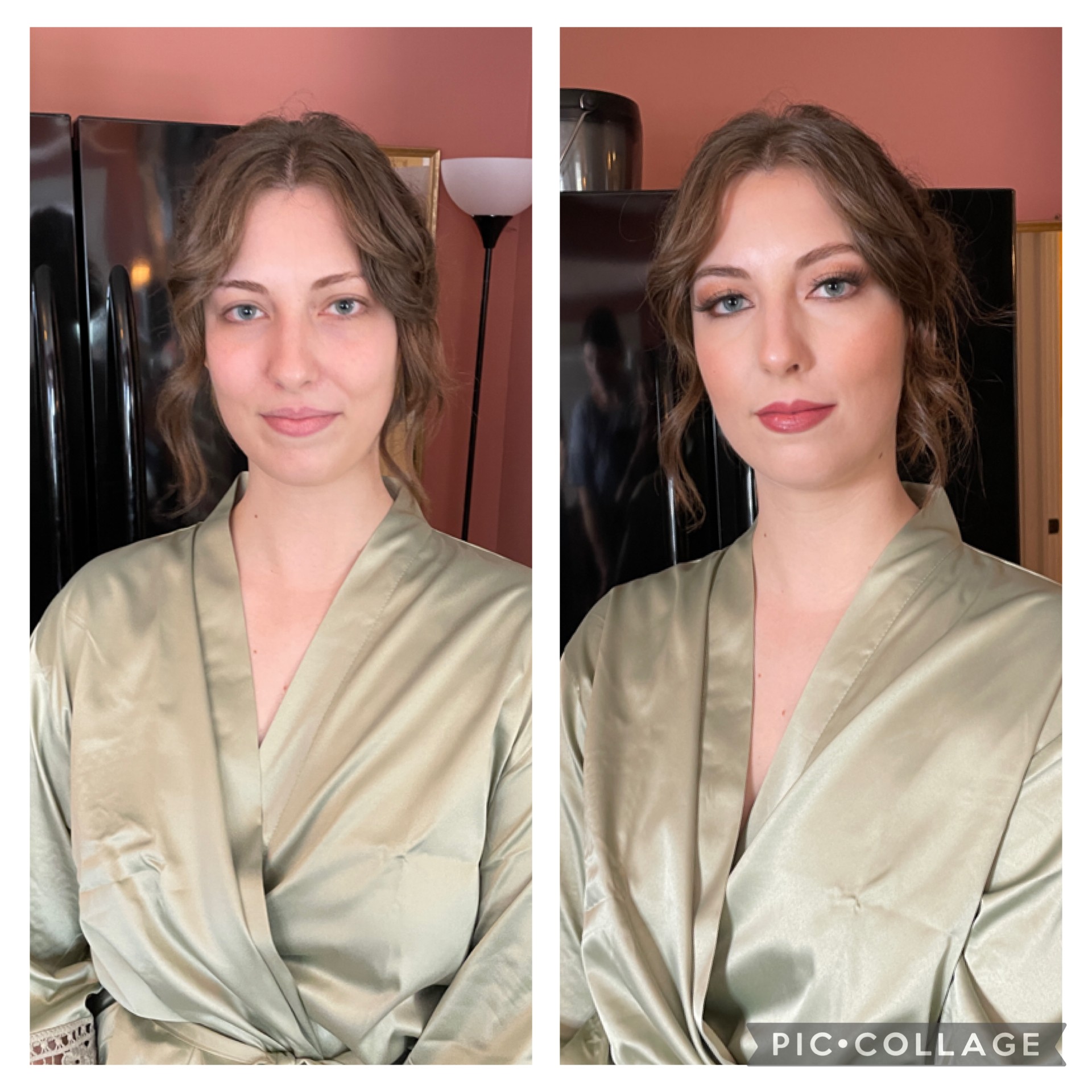 Side-by-side images of a woman with wavy hair, wearing a satin robe, before and after makeup application, in a room with pink walls.