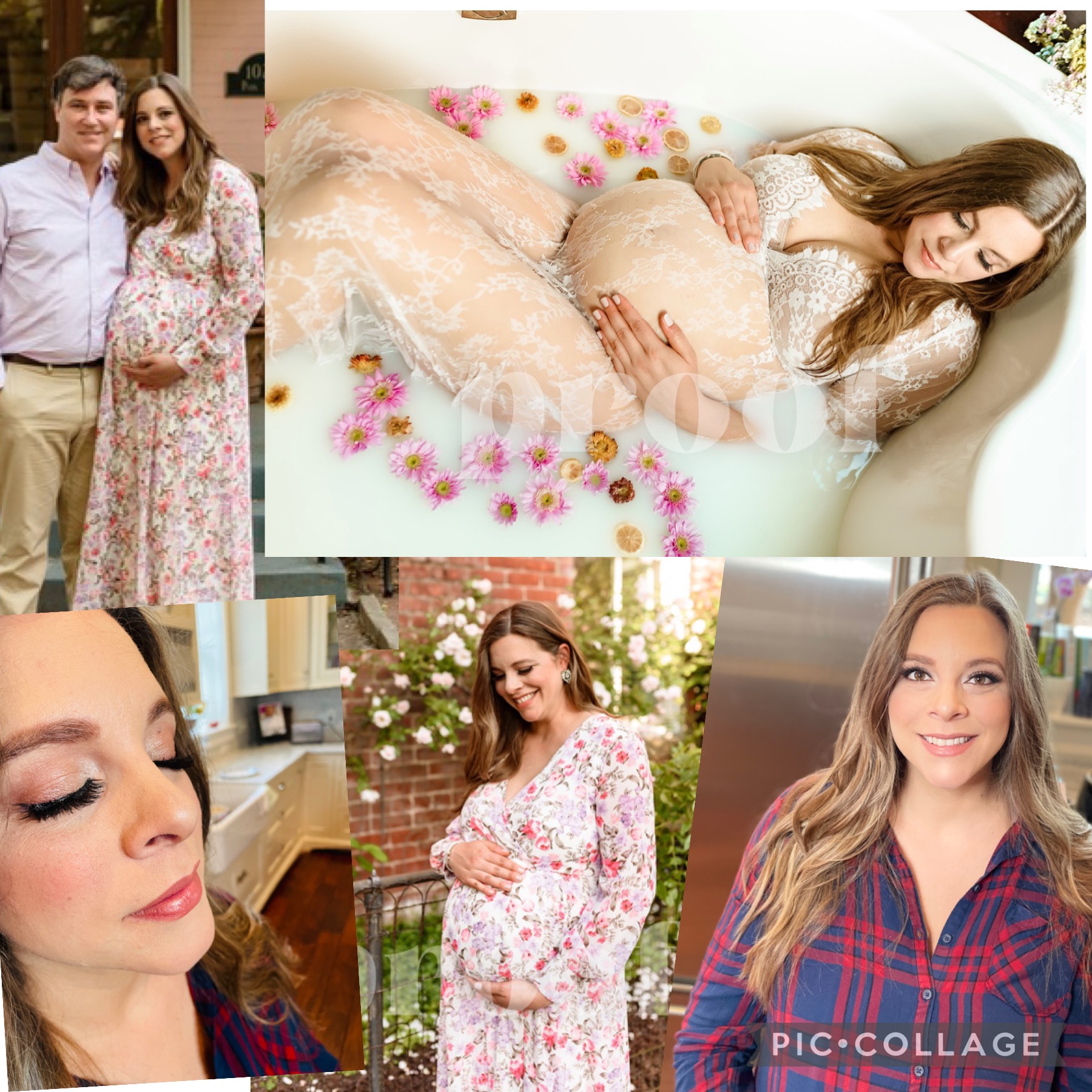 Pregnant woman lying in a bathtub with flowers, smiling, and a woman standing outside in a floral dress, smiling. Confidence: 0.9, alt_text_word_count: 20