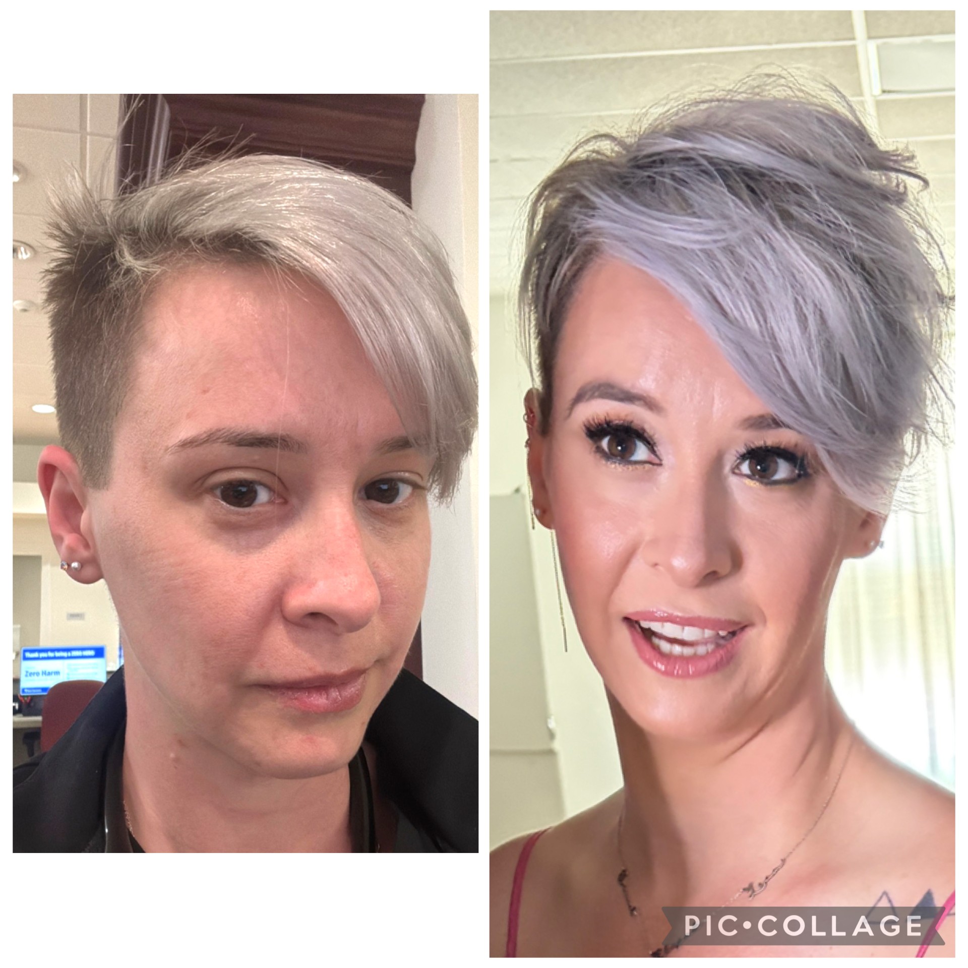 Side-by-side images of a woman with short, silver hair before and after a hairstyle change, smiling in the second image.